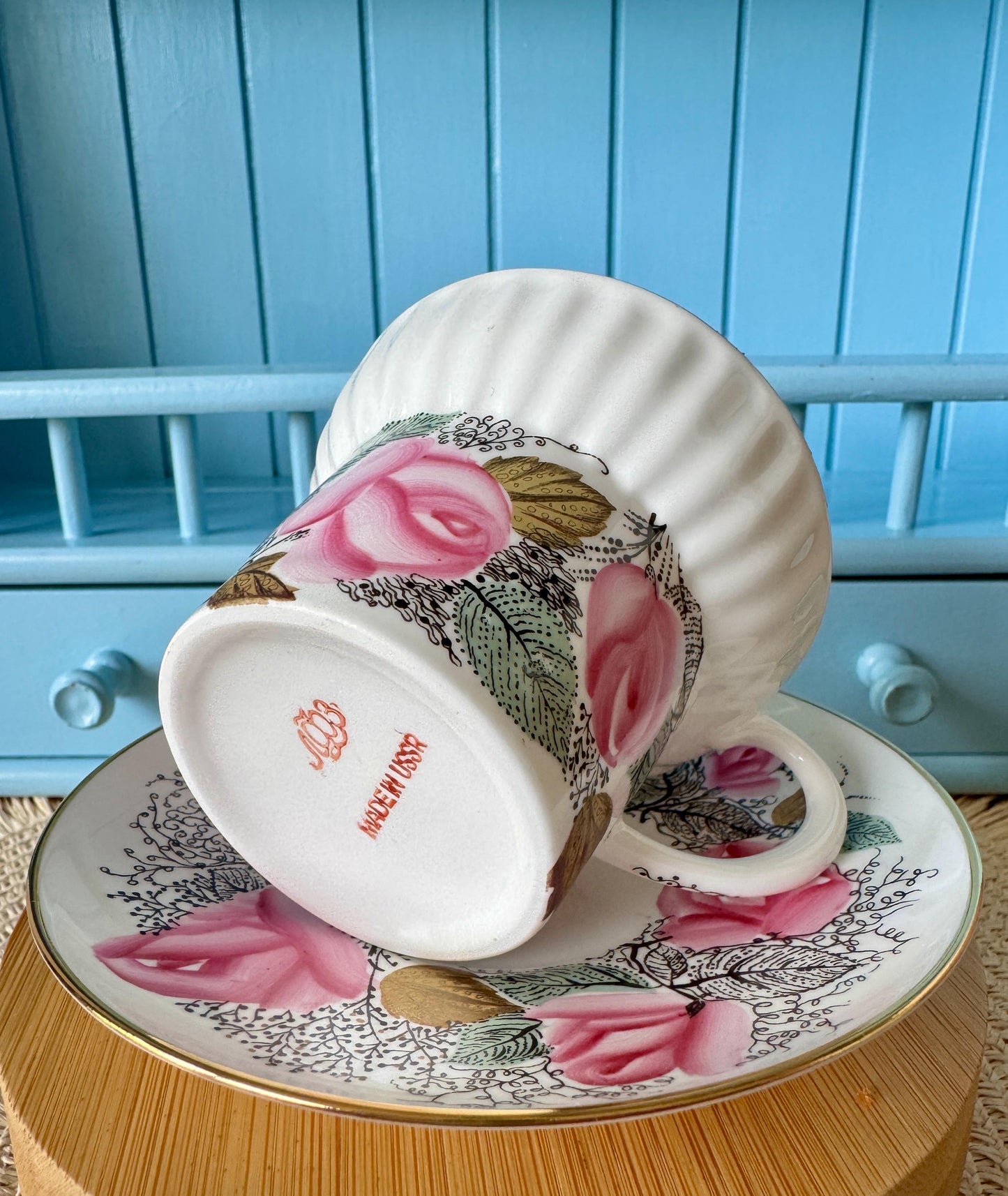 Rare Lomonosov Good Morning Teacup & Saucer | Pink Roses | Wave Model | 1970-1986 | Hand-Painted Bone China | Perfect Gold | Made in Russia