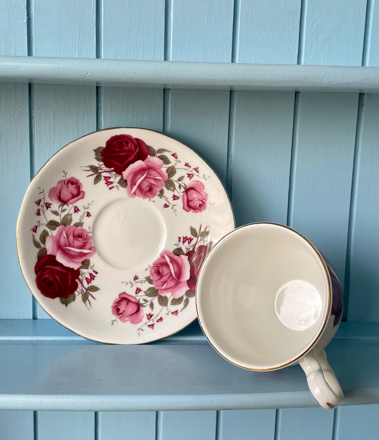 Vintage Queen Anne, Pink and Red Roses Floral Bone Tea Cup and Saucer, Antique English China, Previously Loved, Ribbed Cup, Made in England