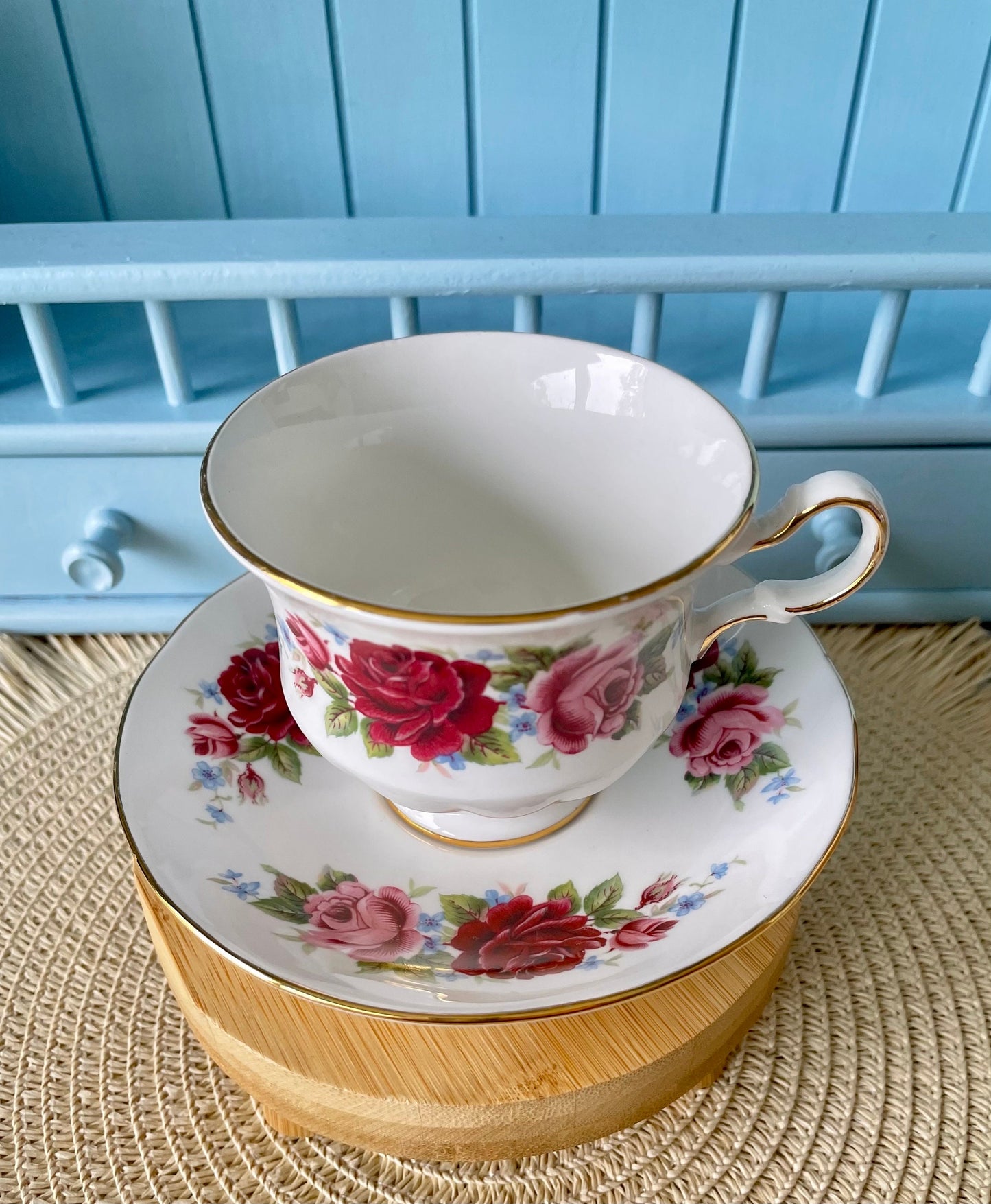 Elegant Vintage Queen Anne Tea Cup and Saucer - Red and Pink Floral Design, Antique English China, Cherished Collectible, 4 High-Tea Parties