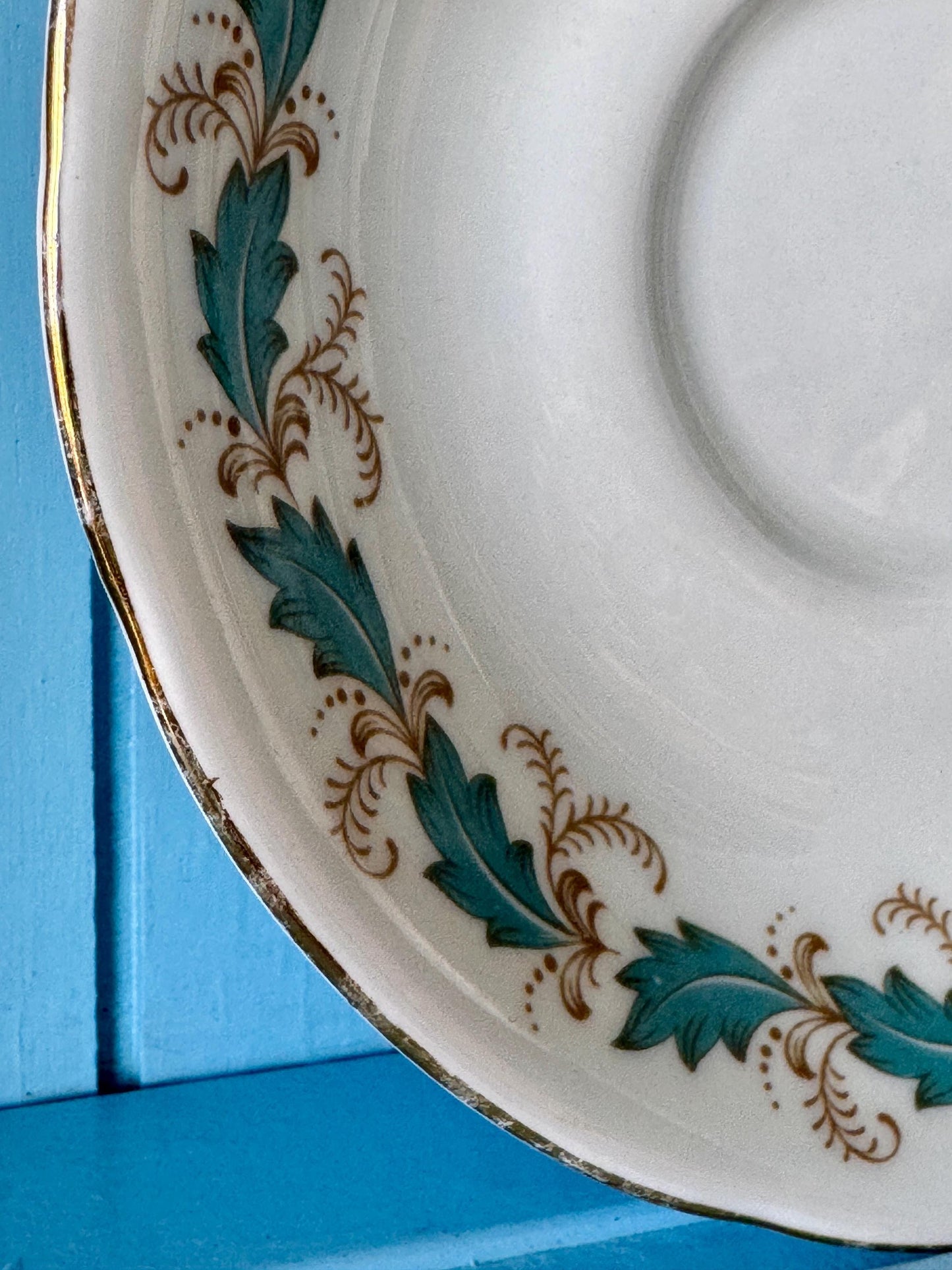 Vintage 1970s Paragon Affection Blue Leafs Gold Duo, Bone China, Floral Blue Leaf Design, Preciously Loved, Appointment HM Queen Elizabeth