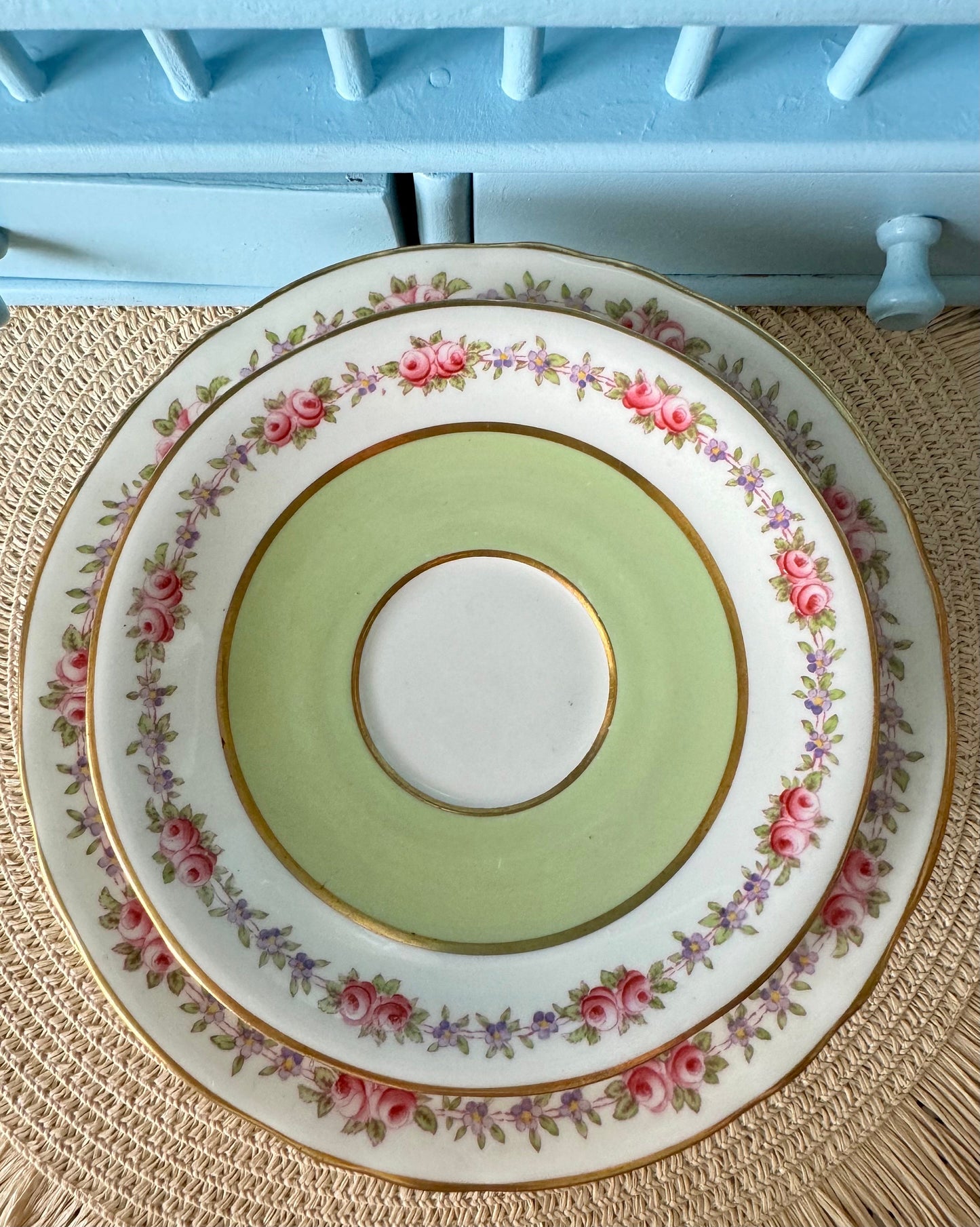 Rare Vintage Aynsley Trio, Teacup, Saucer & Cake Plate Set ,Very Good Condition, Green Roses Design, Early 20th Century, Bone China England