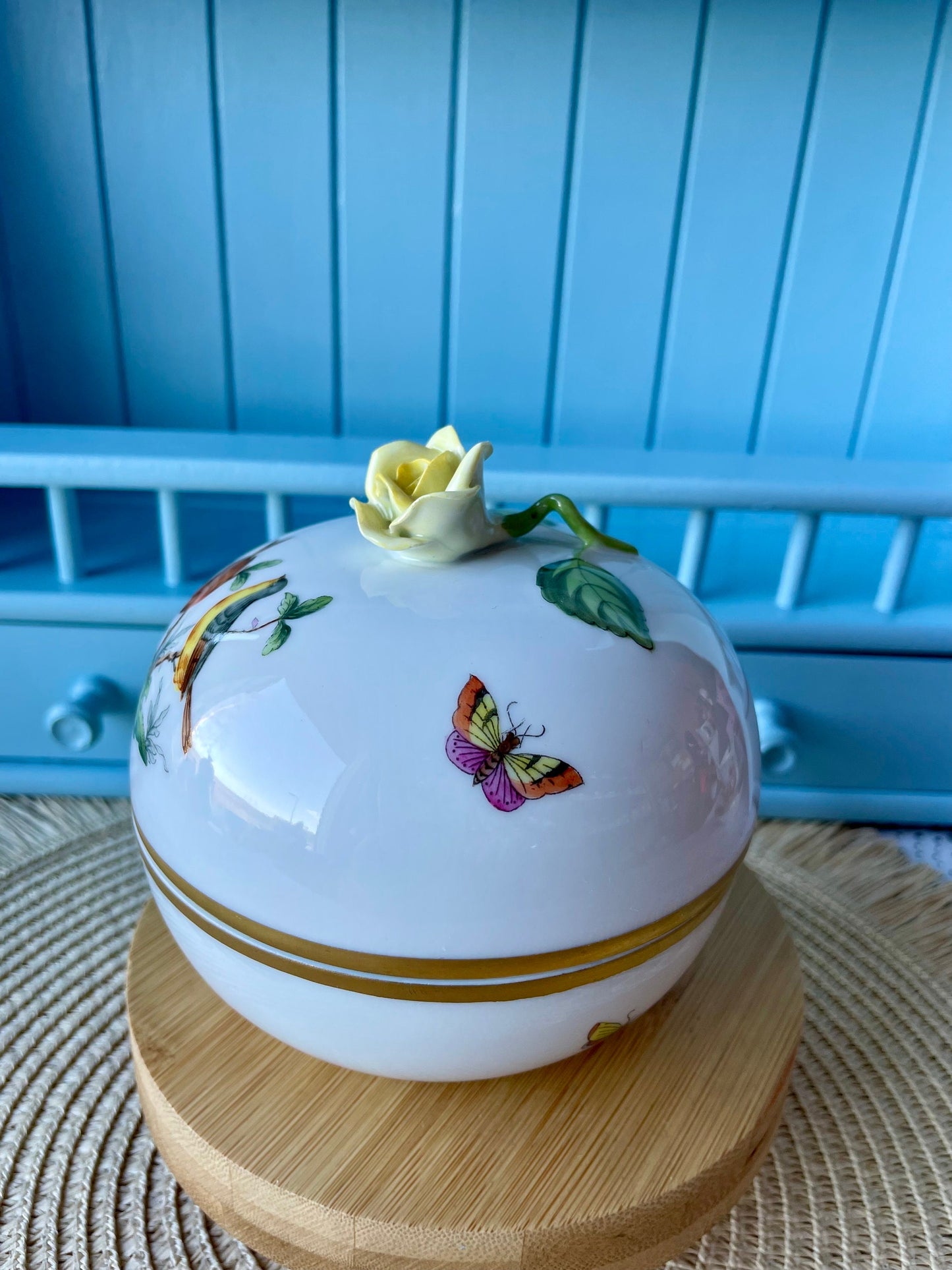Pretty Vintage Herend Rothschild Birds Trinket Dish, HandPainted, Hungarian Porcelain, Yellow Rose Finial, Previously Loved, Made in Hungary