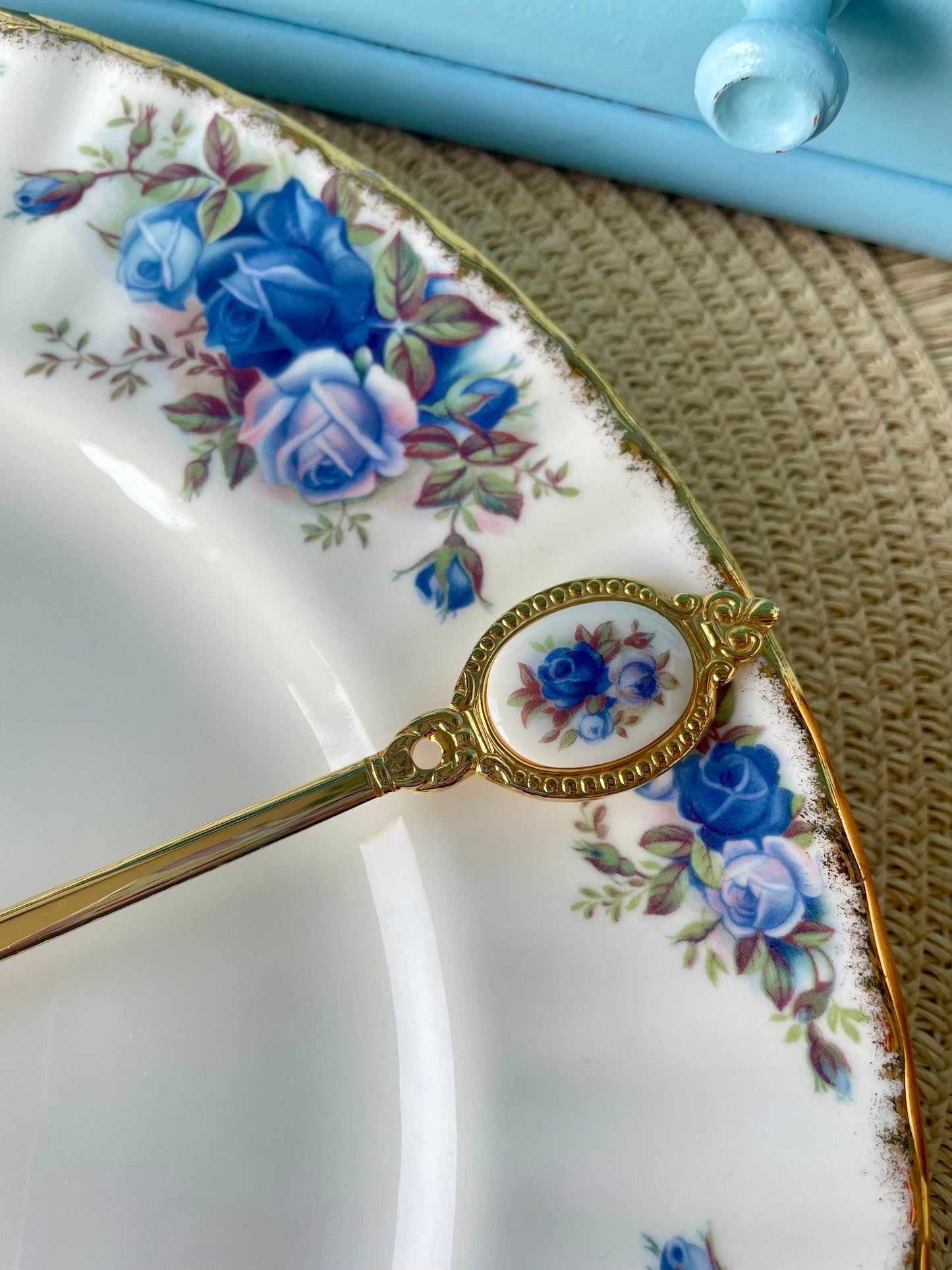 Hard to Find and Very Collectible Royal Albert "Moonlight Rose" Gold Plated Cake Knife with Blue Roses Decor, Cake Slicer, Made in Japan