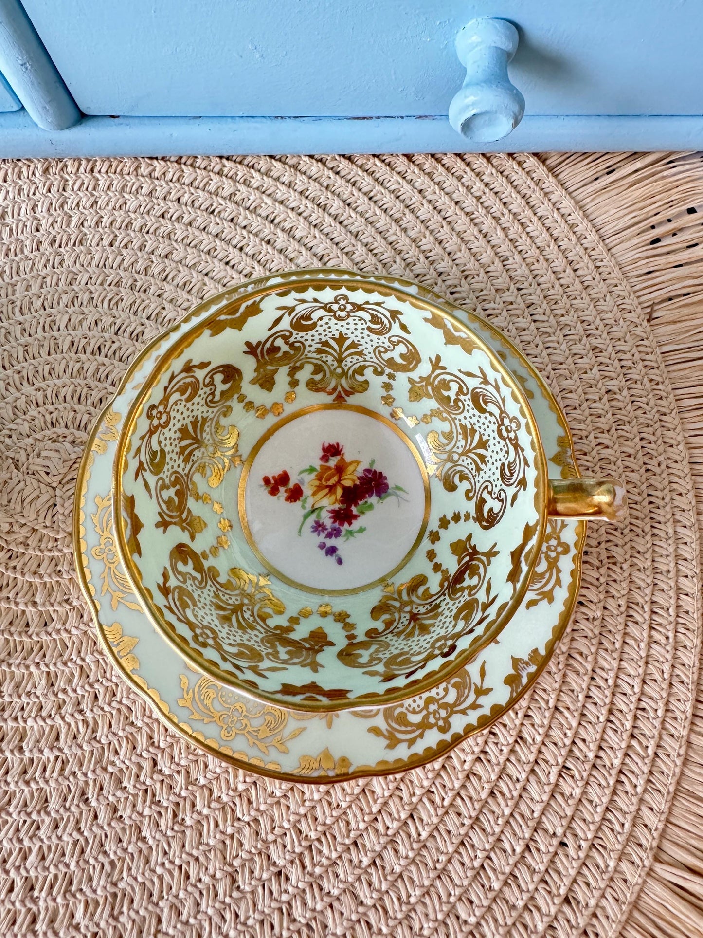 2 Rare Vintage 1940s Paragon Pastel Green Espresso Cup Saucer, Bone China, Floral Design, by Appointment HM Queen Elizabeth, Double Warrant!