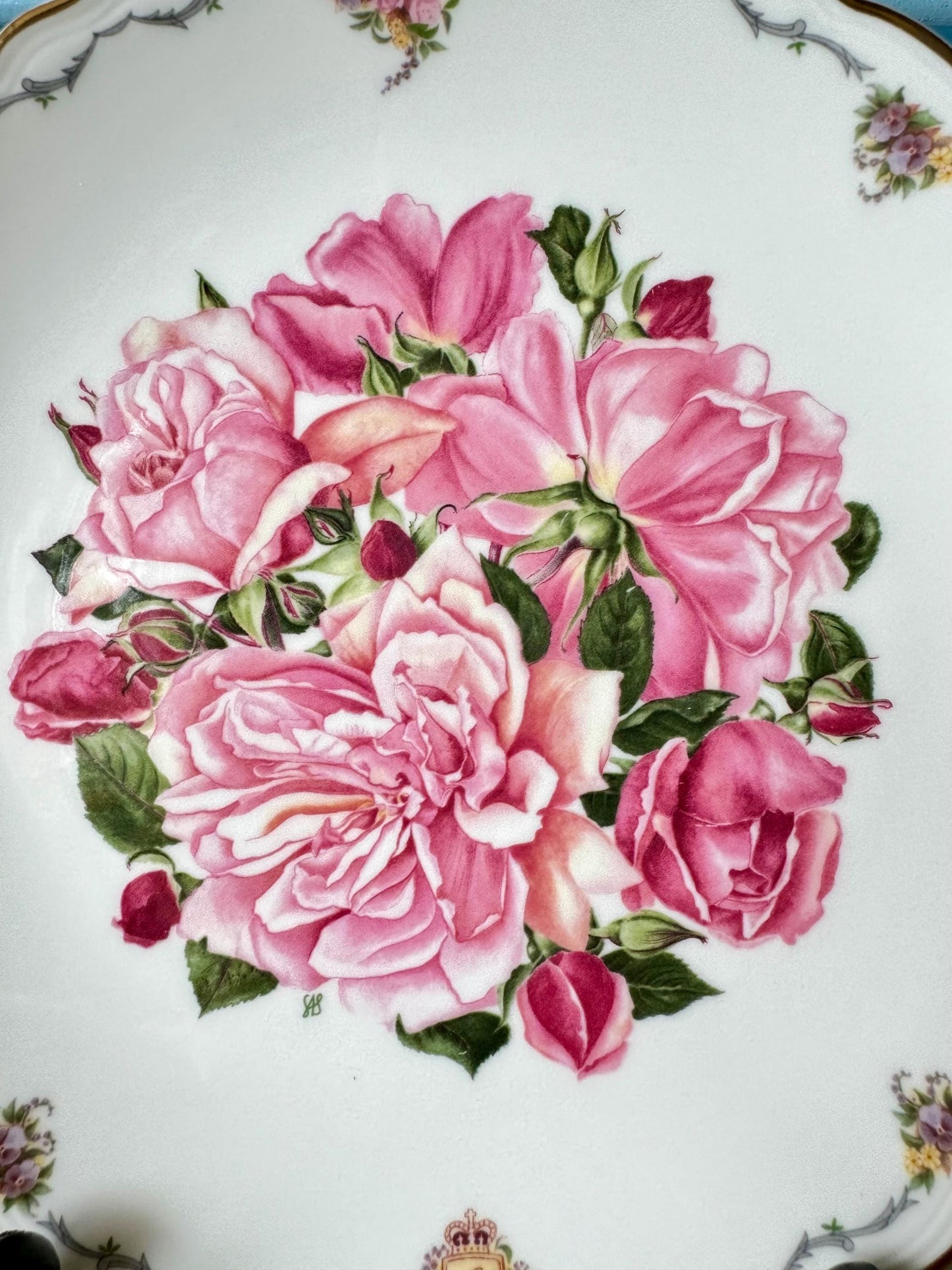 Vintage Royal Albert Vintage 1990's Bone China Albertine Rose Design 22CM Plate, Queen Mother's Favourite Flowers, Sarah Schofield, England