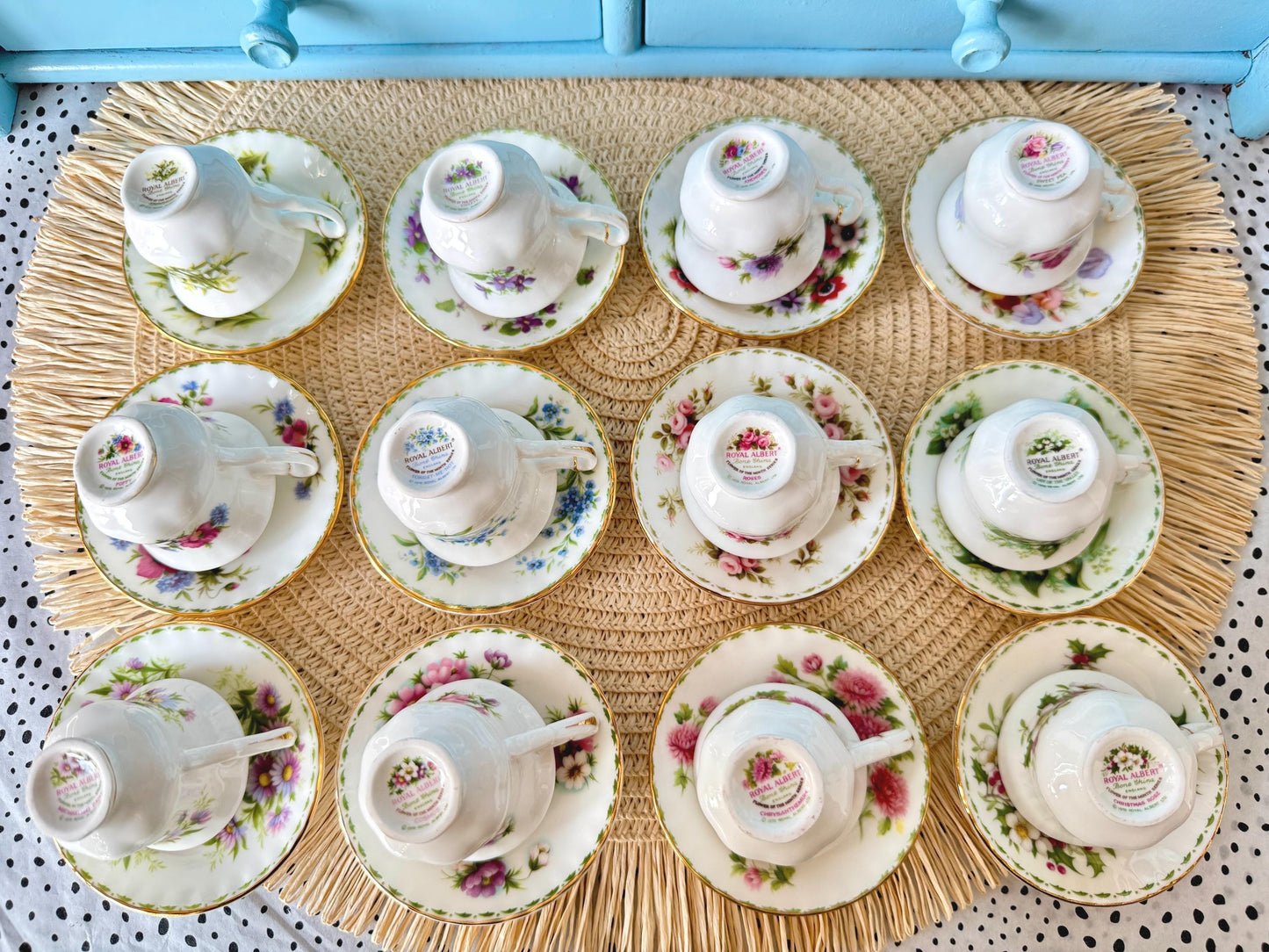 Mini Vintage TeaSet of 12 'Royal Albert' Flower Of The Month Miniature Sized Cup & Saucer, Bone China, Perfect Gift, Set of 12, England
