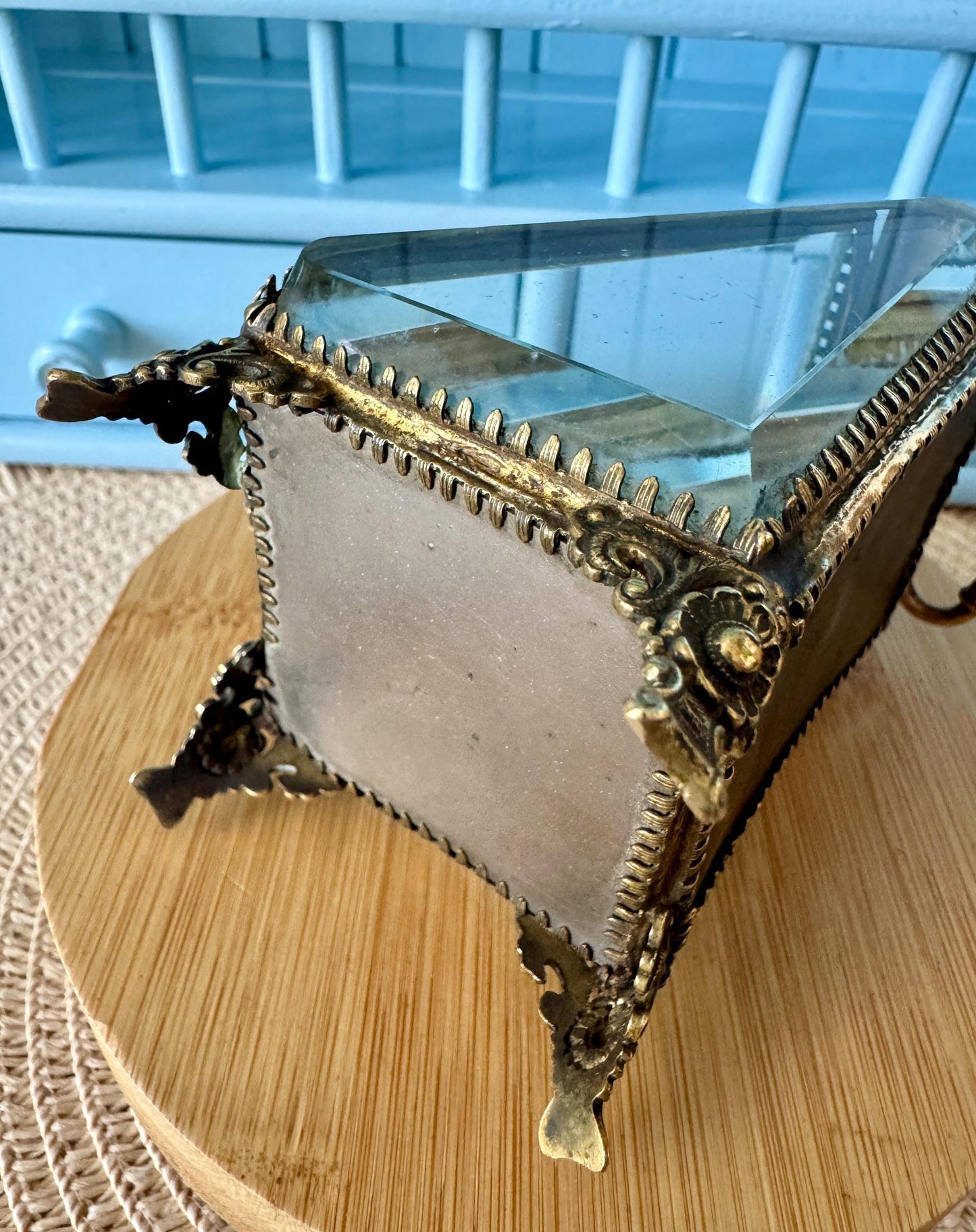Rare Antique Parisian Glass & Ormolu Casket, Early 1900s Jewelry / Watch Display Box, Silk Lined, Heavy Bevelled Glass, Made in France