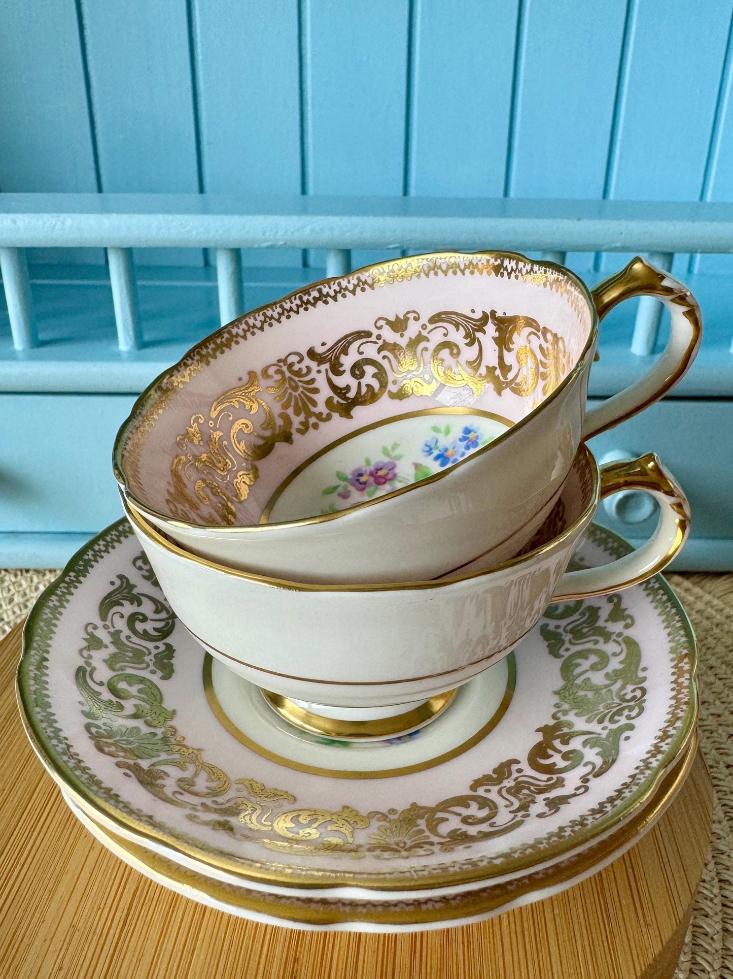2 Rare Vintage 1940s Paragon Pastel Pink Espresso Cup Saucer, Bone China, Floral Design, by Appointment HM Queen Elizabeth, Double Warrant!