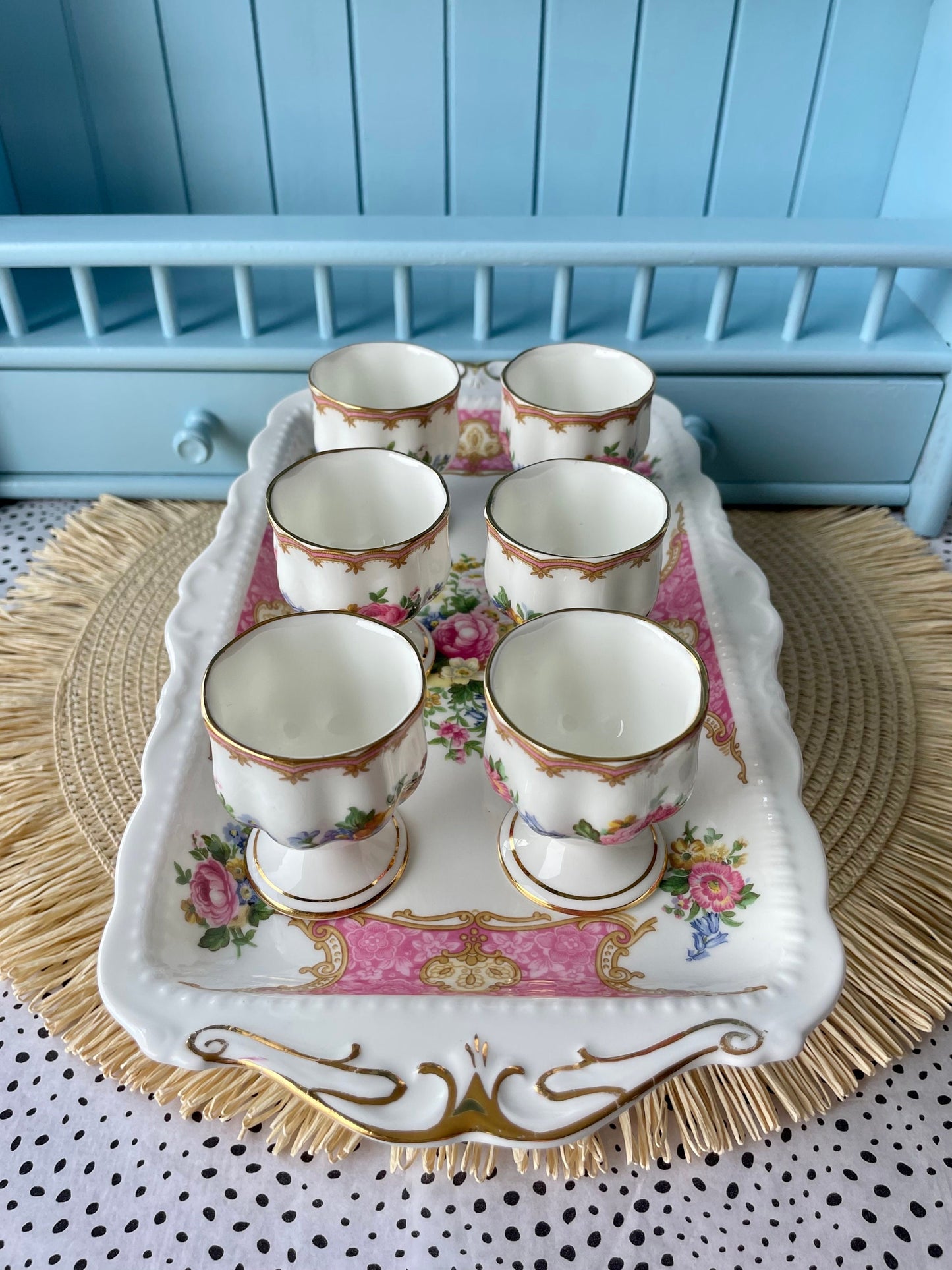 Hard to Find Vintage Royal Albert "Lady Carlyle" Set of 6 Egg Cups with Sandwich Plate, Bone China, Previously Loved, Pink Roses, England