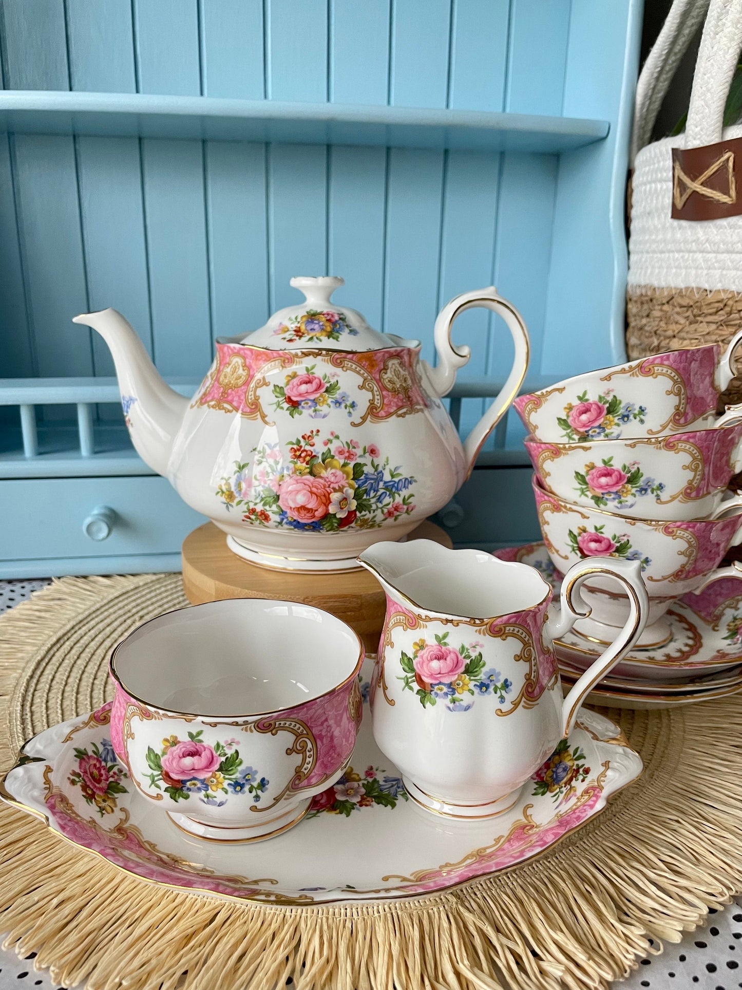 Vintage Royal Albert Tea Set - Lady Carlyle - 12 Piece Porcelain Tea Set for High Tea - Mothers Day Gift -Elegant TeaParty Set - England