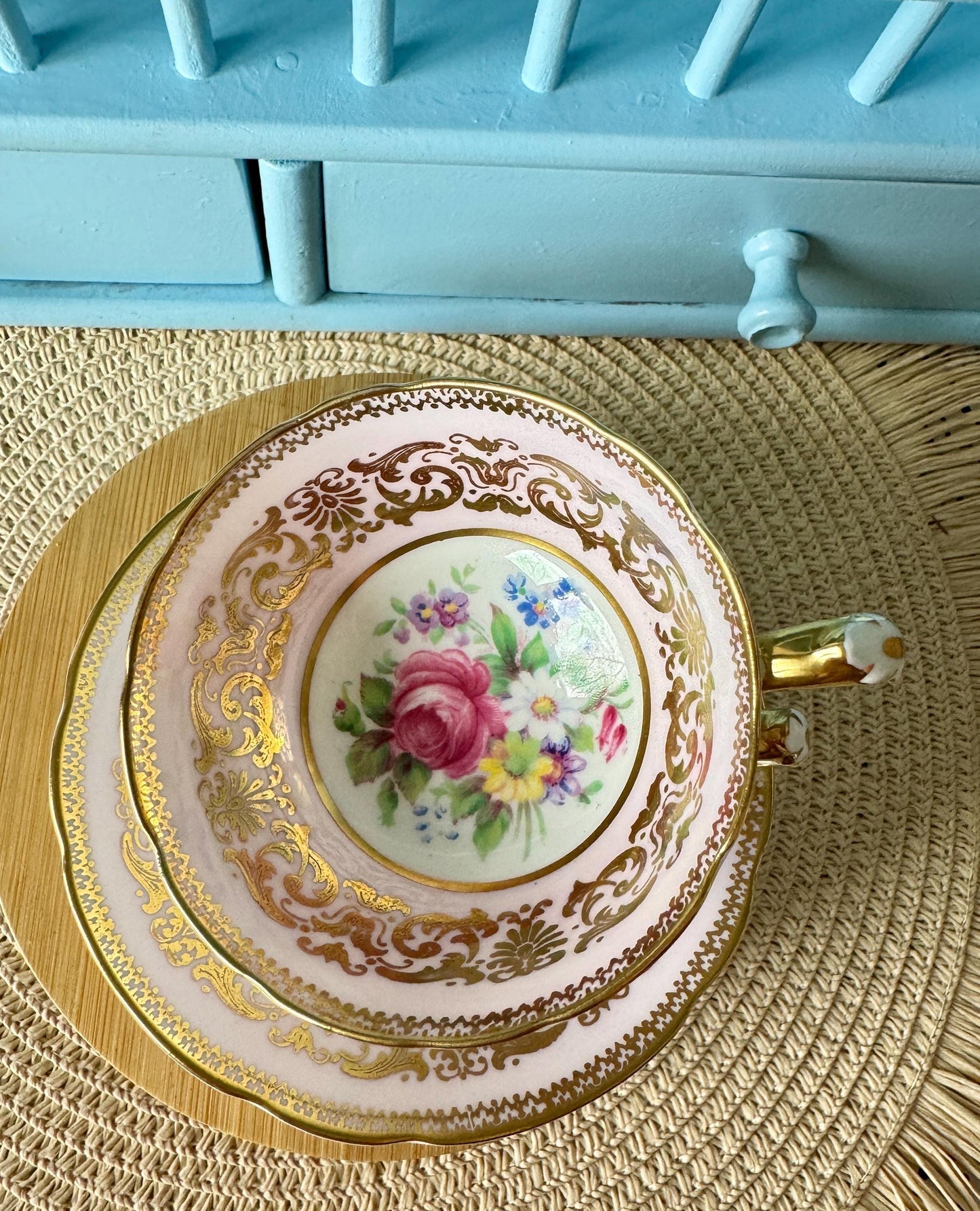 2 Rare Vintage 1940s Paragon Pastel Pink Espresso Cup Saucer, Bone China, Floral Design, by Appointment HM Queen Elizabeth, Double Warrant!