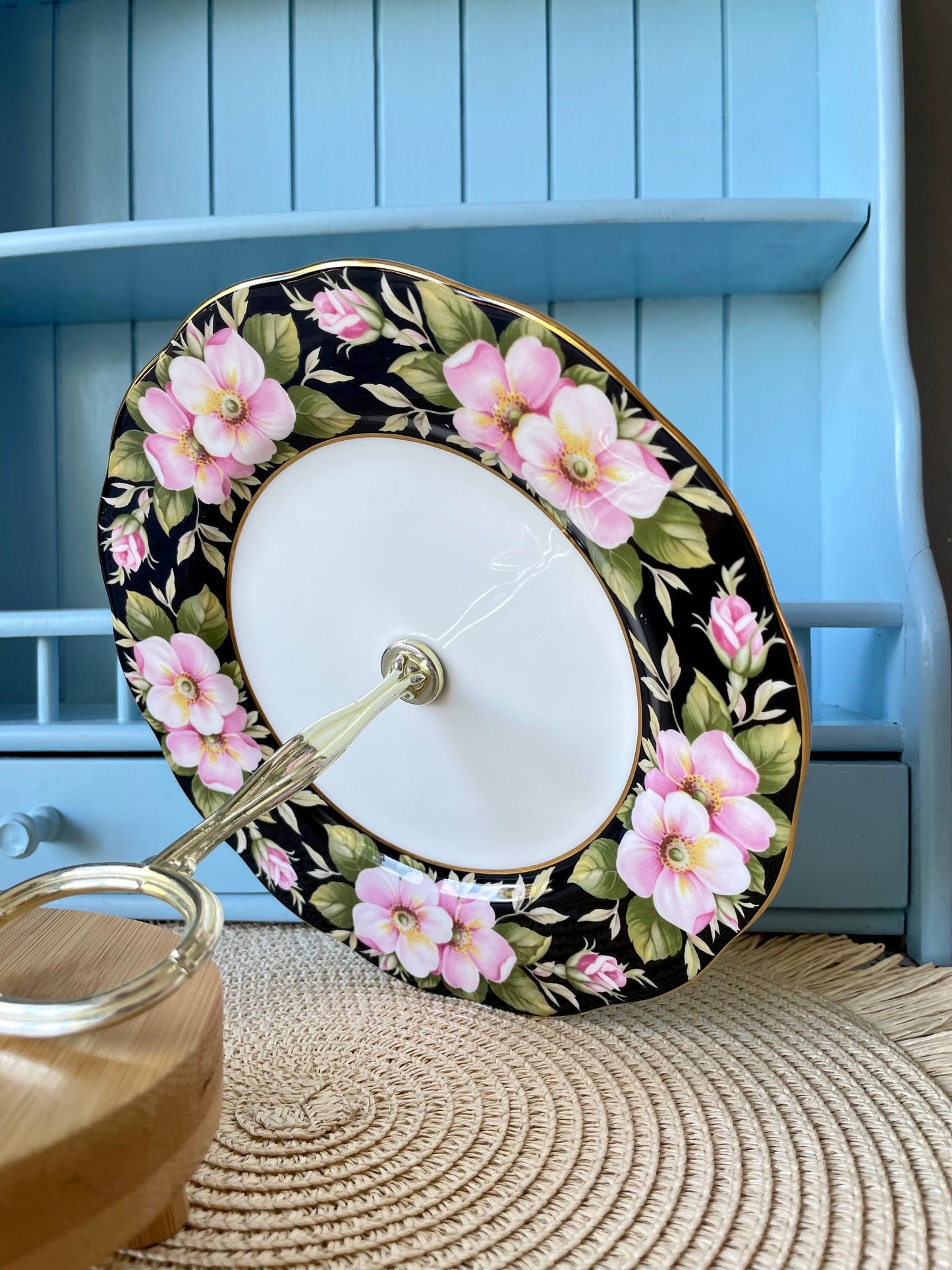 Royal Albert Alberta Rose Teapot & Cake Stand Set, Provincial Flowers Series, Vintage Bone China, Black Floral Chintz, Gift-Ready, England