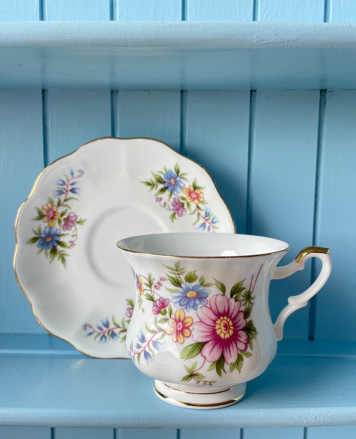 Vintage 'Royal Ascot' Blue Velvet Tea Cup And Saucer, Made In England. Fine Bone China, Previously Loved Vintage Cup, Antique British TeaCup