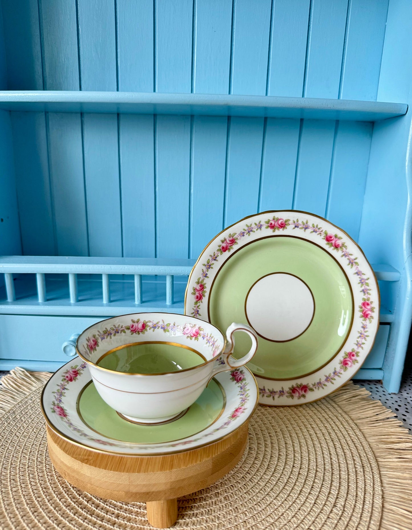Rare Vintage Aynsley Trio, Teacup, Saucer & Cake Plate Set ,Very Good Condition, Green Roses Design, Early 20th Century, Bone China England