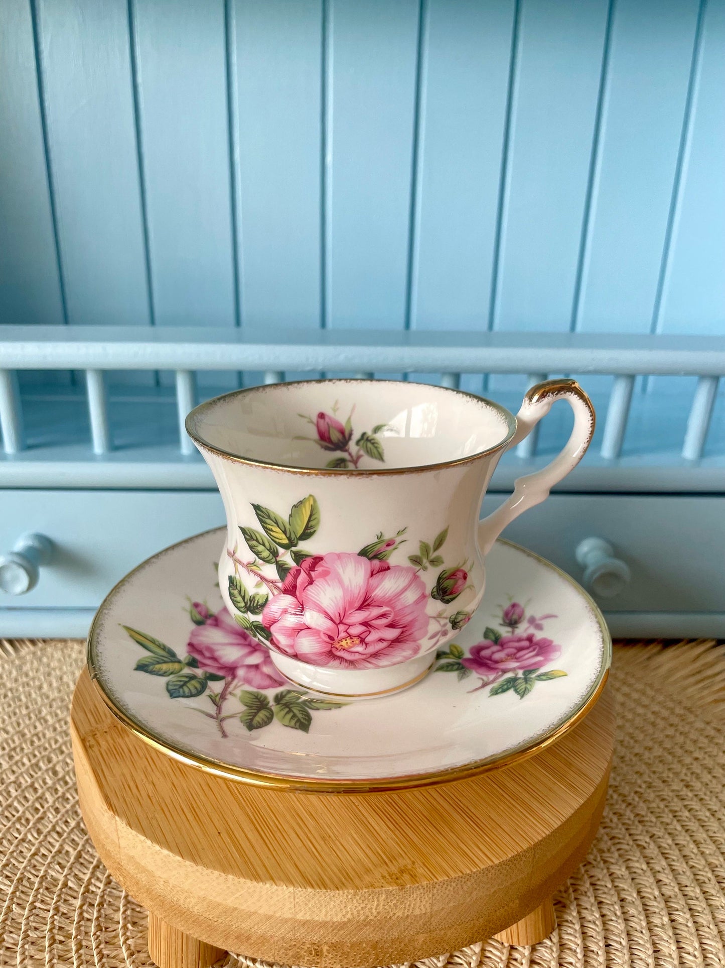 Vintage Queens, Pink Roses Floral Bone Tea Cup and Saucer, Antique English China, Previously Loved Footed Cup, Perfect Gold, Made in England