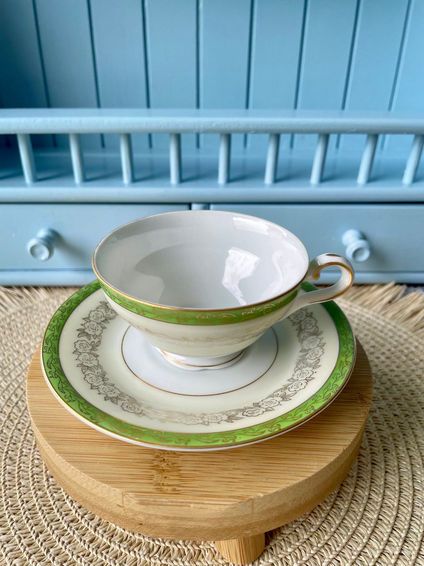 Elegance & Charm: Vintage Hanson Porcelain Espresso Cup Set with Delicate Golden Flowers On Pastel Green, Previously Loved, Made in England