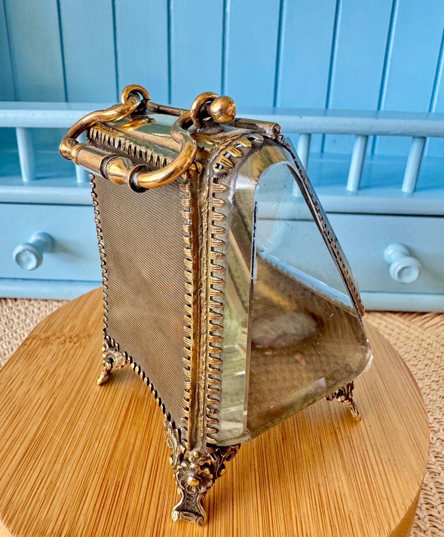 Rare Antique Parisian Glass & Ormolu Casket, Early 1900s Jewelry / Watch Display Box, Silk Lined, Heavy Bevelled Glass, Made in France