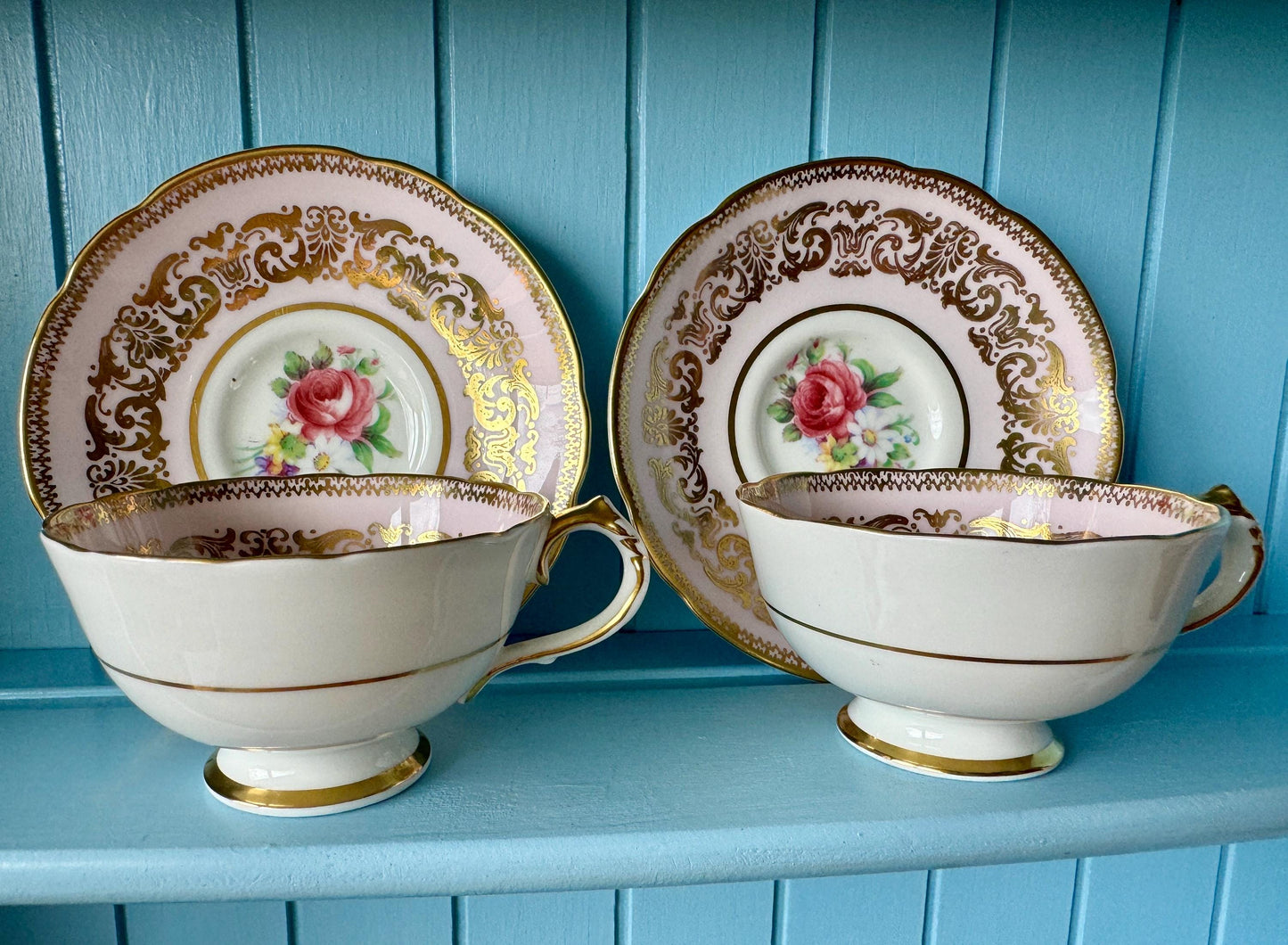 2 Rare Vintage 1940s Paragon Pastel Pink Espresso Cup Saucer, Bone China, Floral Design, by Appointment HM Queen Elizabeth, Double Warrant!