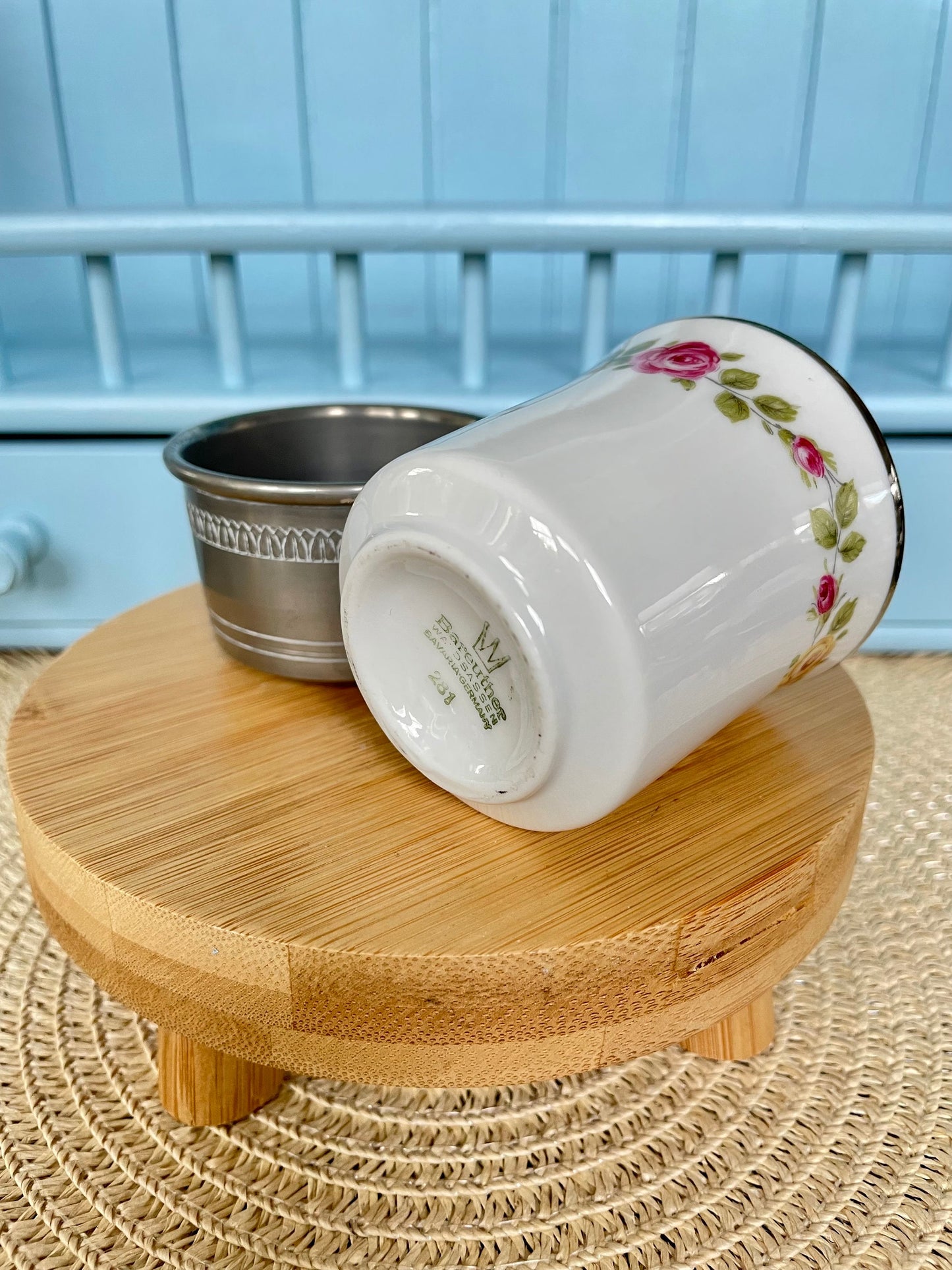 Beautiful Vintage Tin Cup Holder with Bareuther Bavaria Porcelain Teacup, Previously Loved Antique, Collectors Item, Lovely, Made In Germany