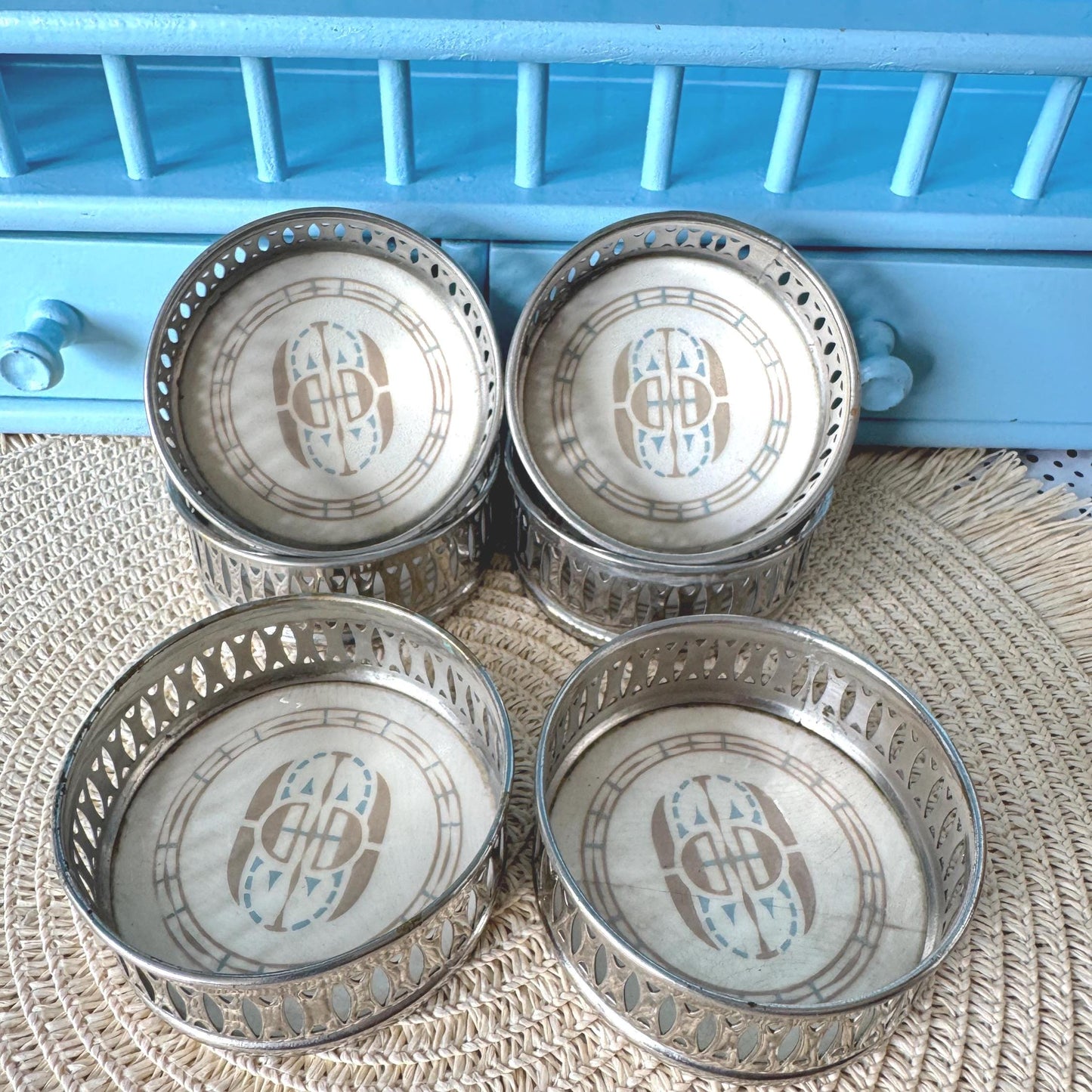 Vintage Dresden 'Villeroy & Boch' Coasters, Set 6 Coasters, Previously Loved, Collectors Item, Pierced Silver Rim, Hand-painted, German Made