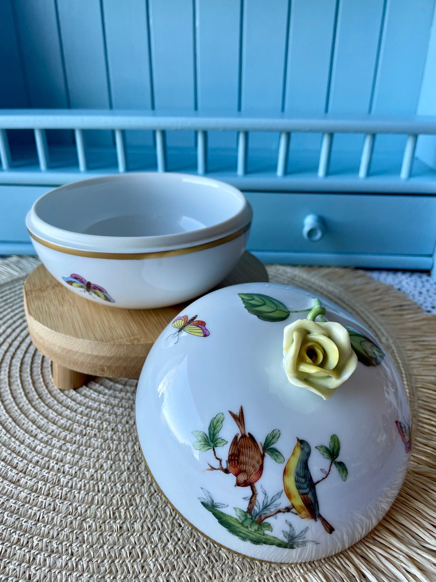 Pretty Vintage Herend Rothschild Birds Trinket Dish, HandPainted, Hungarian Porcelain, Yellow Rose Finial, Previously Loved, Made in Hungary