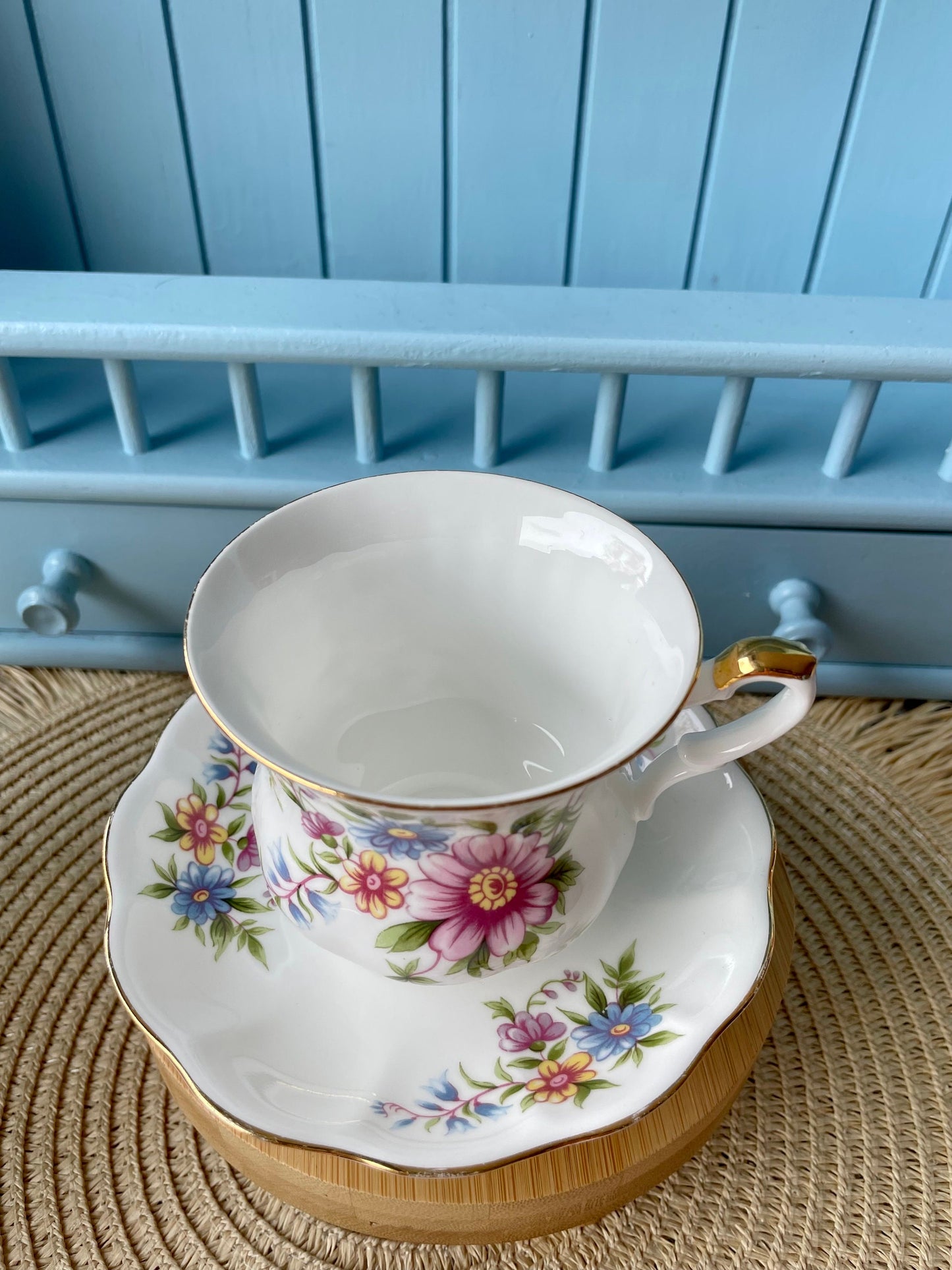Vintage 'Royal Ascot' Blue Velvet Tea Cup And Saucer, Made In England. Fine Bone China, Previously Loved Vintage Cup, Antique British TeaCup