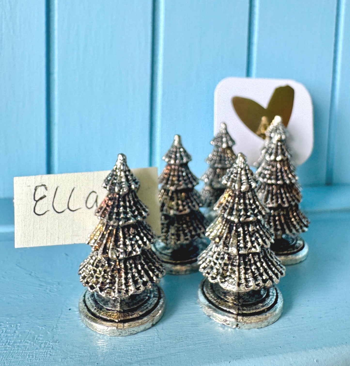Set of 6 Christmas Tree Place Card Holders, Miniature Silver Tone Metal Table Decor, Name Card Display, Dinner Party Supplies, Event Props