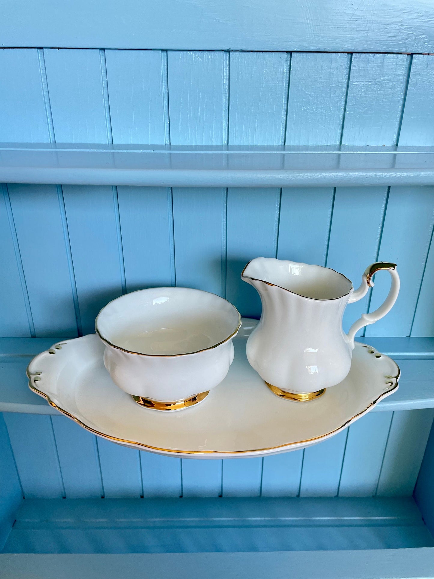 Crisp White Royal Albert "Val D'Or" Gold Creamer Set, Sugar Bowl, Milk Jug & Platter, Bone China England, Previously Loved Vintage, High-Tea