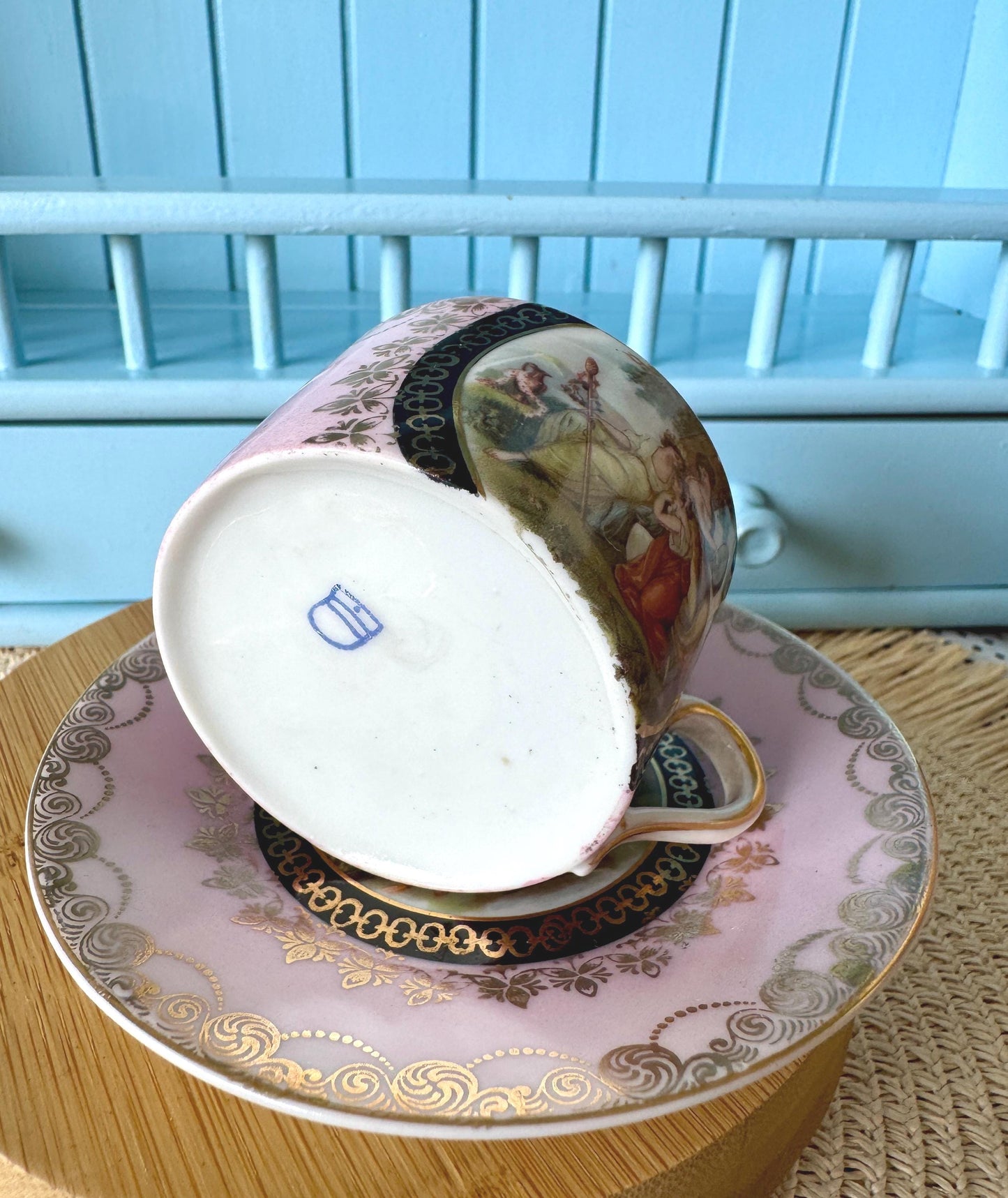 Antique Royal Vienna Fragonard Espresso Cup & Saucer, Beehive Mark Cup, Pink Gold Eggshell Porcelain, Matched Set, Vintage Romantic, Austria