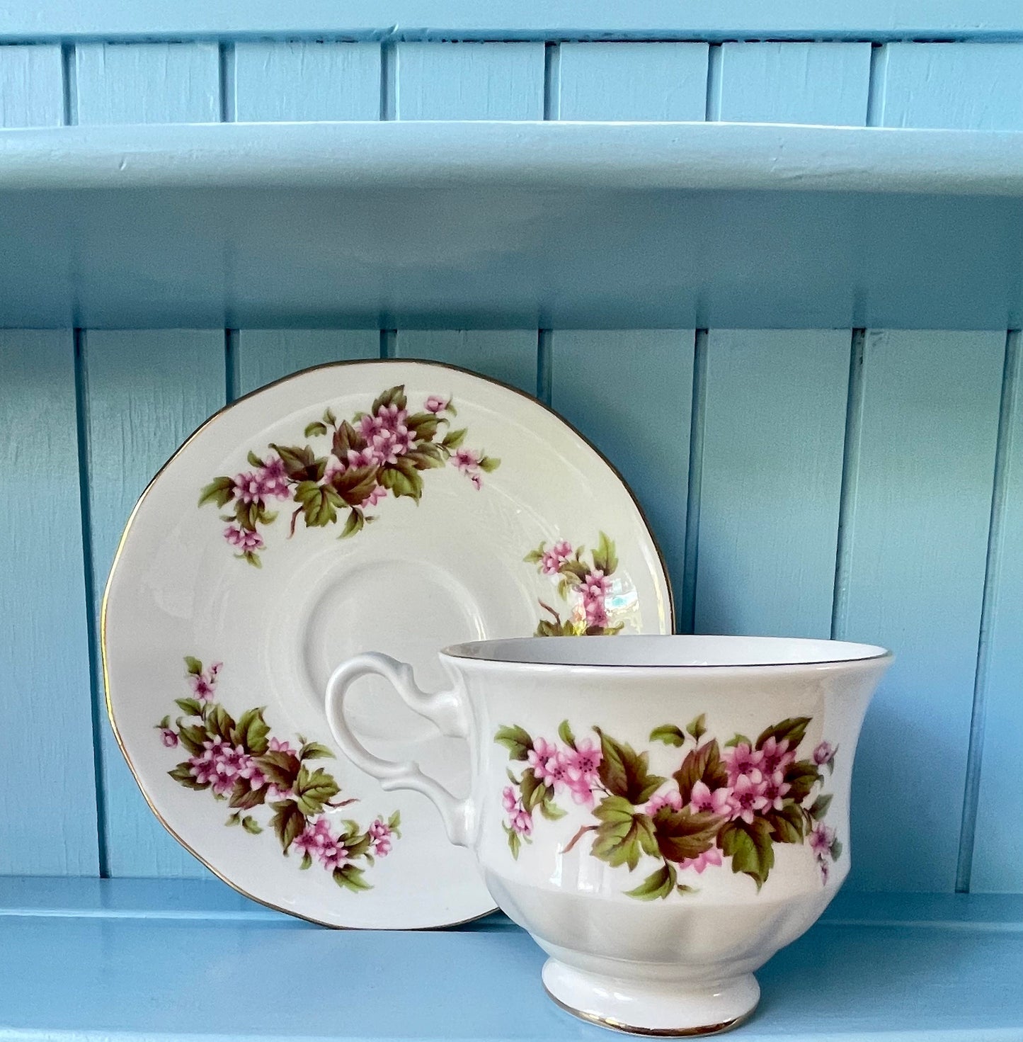 Vintage Queen Anne Robin, Pink Floral Bone Tea Cup and Saucer, Antique English China, Previously Loved Vintage Cup, High-Tea Bridal Party