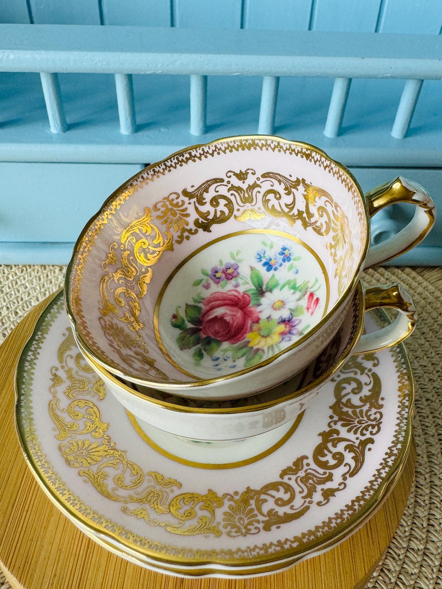 2 Rare Vintage 1940s Paragon Pastel Pink Espresso Cup Saucer, Bone China, Floral Design, by Appointment HM Queen Elizabeth, Double Warrant!