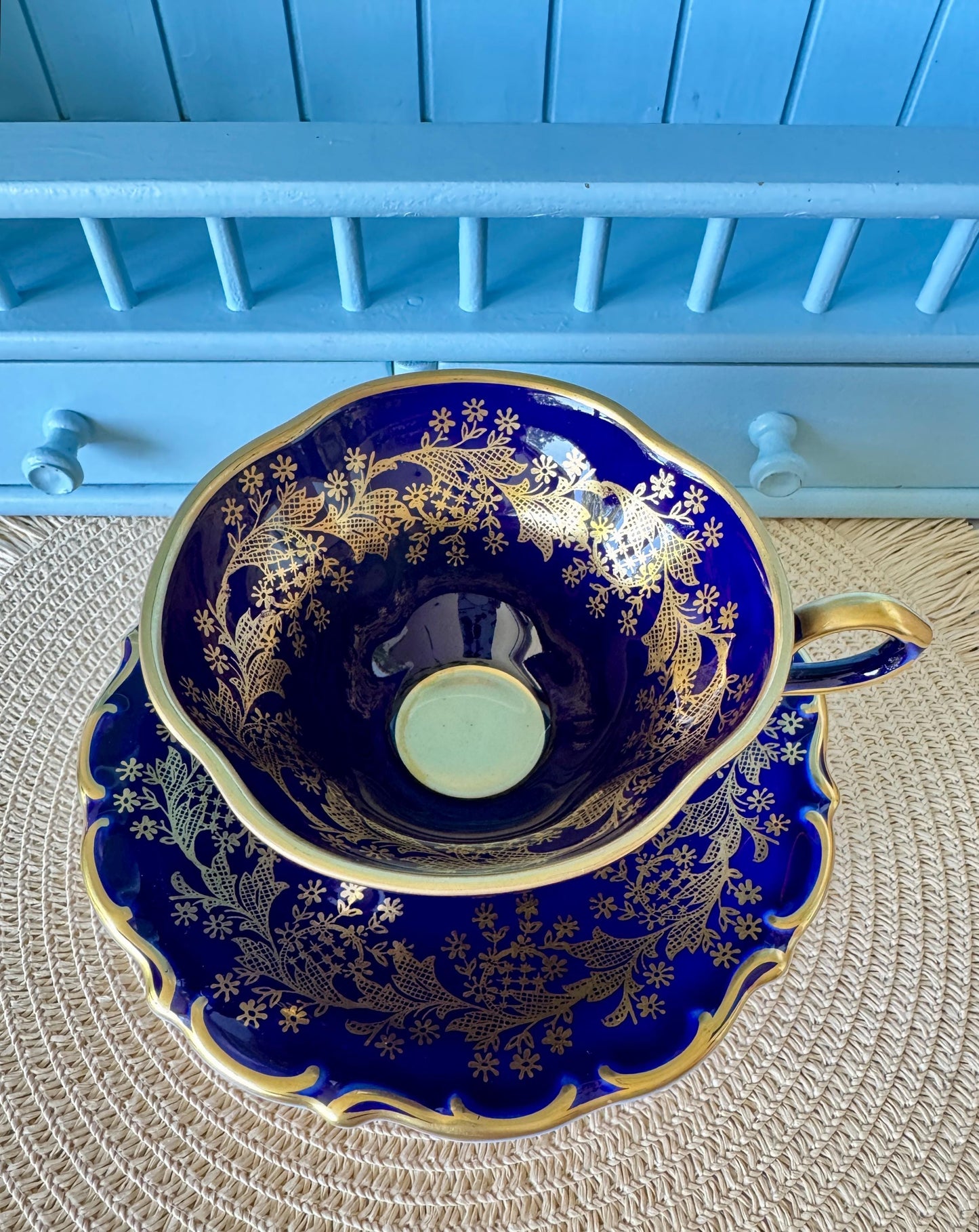 Very Rare Hard to Find Mint Condition, Vintage Lindner Kueps Bavaria Made in Germany Real Cobalt EspressoCup &Saucer, Kobalt Blue, 24 karat