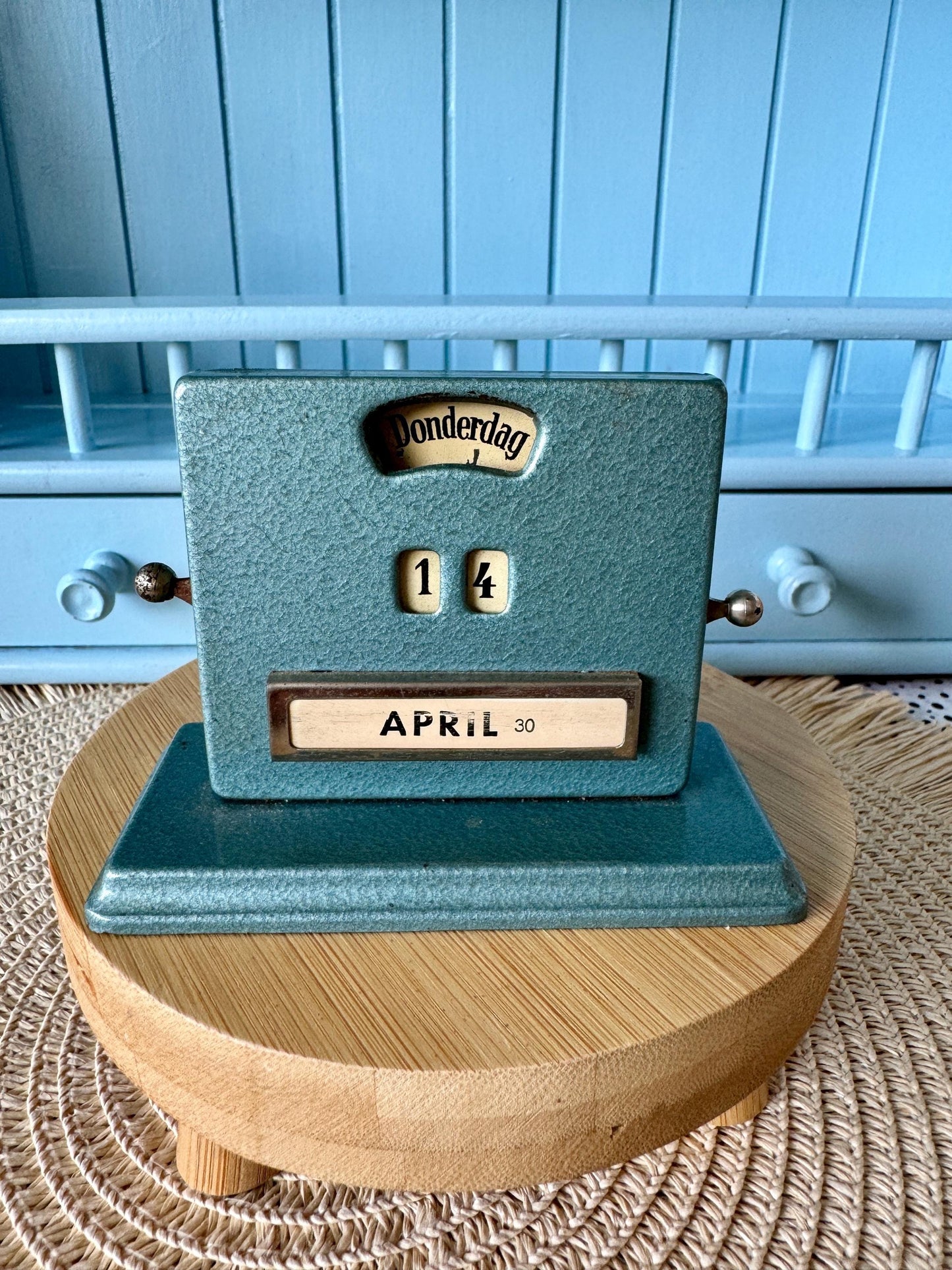 Beautiful Vintage Art Deco Perpetual Calendar by Jakob Maul, 1930s Design, Complete Set, Dutch Language, Petrol Blue/Green, Made in Germany