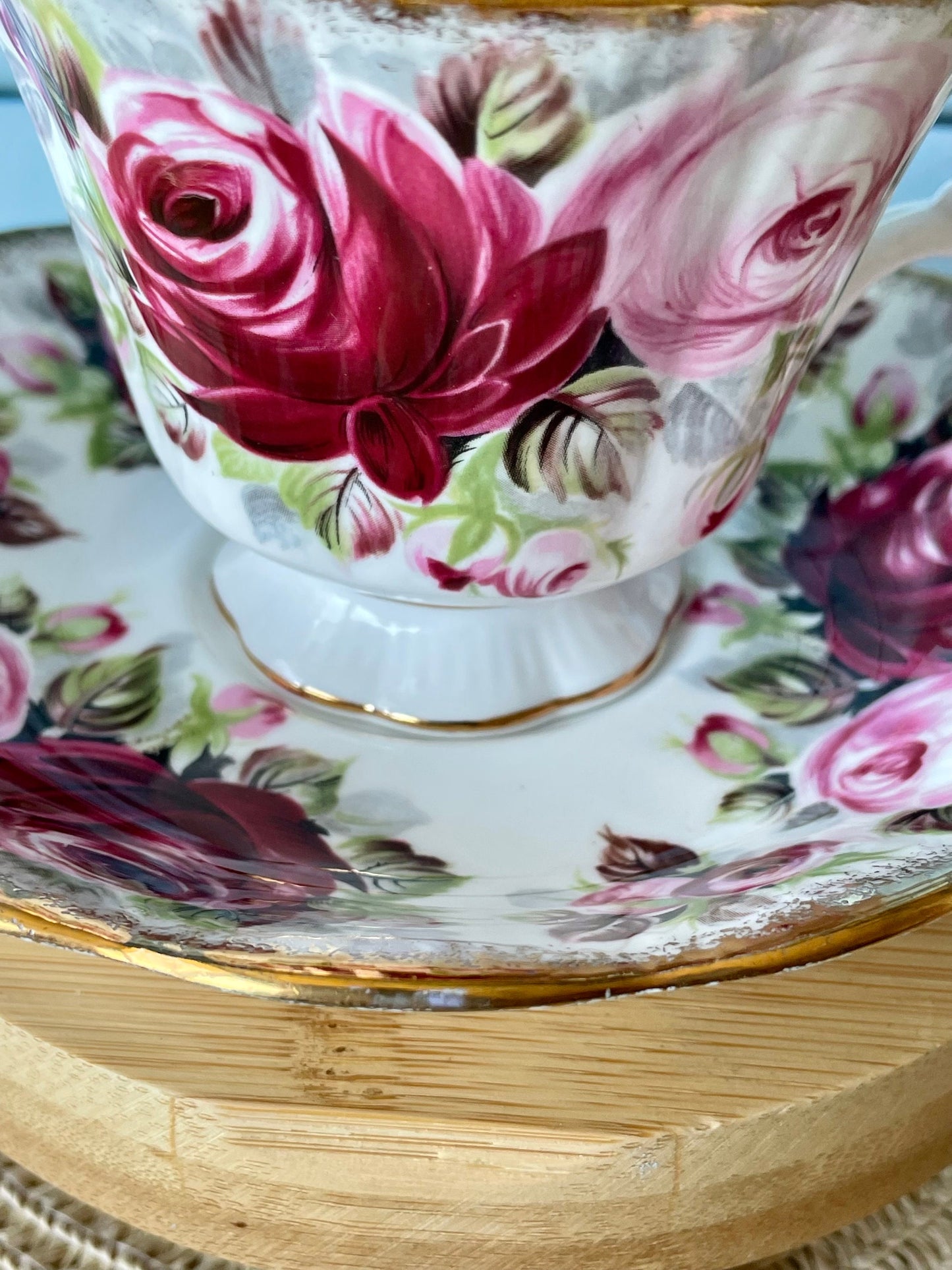 Collectors TeaCup, Royal Albert "Summer Bounty Ruby" Gainsborough Tea Set, Thick Gold, Bone China, Pink Cabbage Roses Decor, Made in England