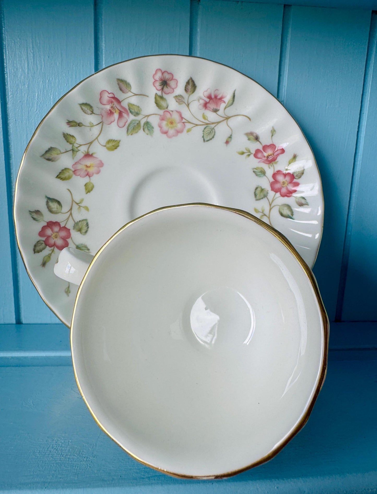 Vintage Colclough Royal Albert Coffee Cup & Saucer Set | Pink Floral Summer Garland | Ribbed Gold Trim | Afternoon Tea Gift, Made in England