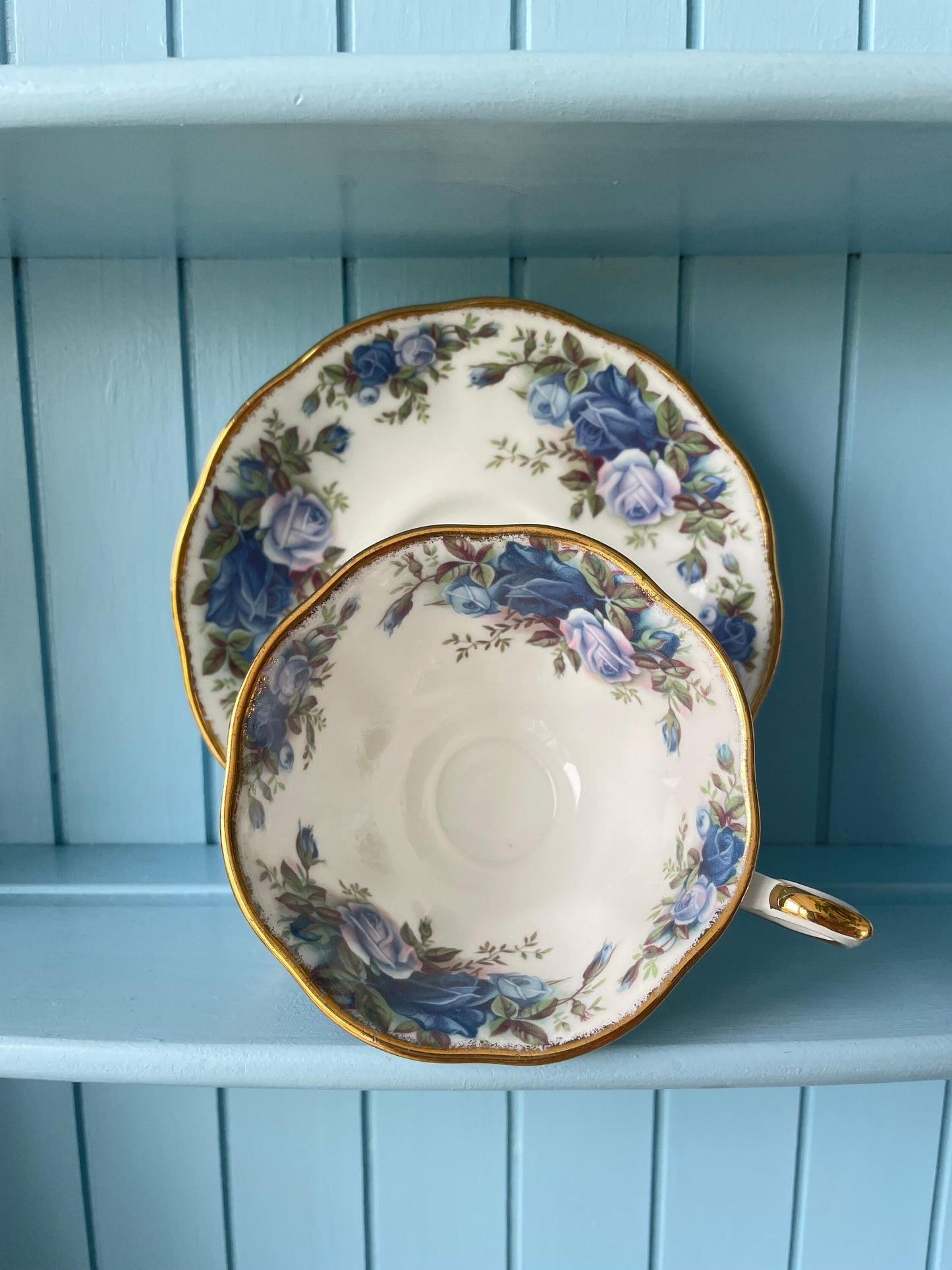 Pristine Avon Shaped Royal Albert "Moonlight Rose" Teacup & Saucer, Fine Bone China, Blue Roses Decor, Highly Sought After, Made in England