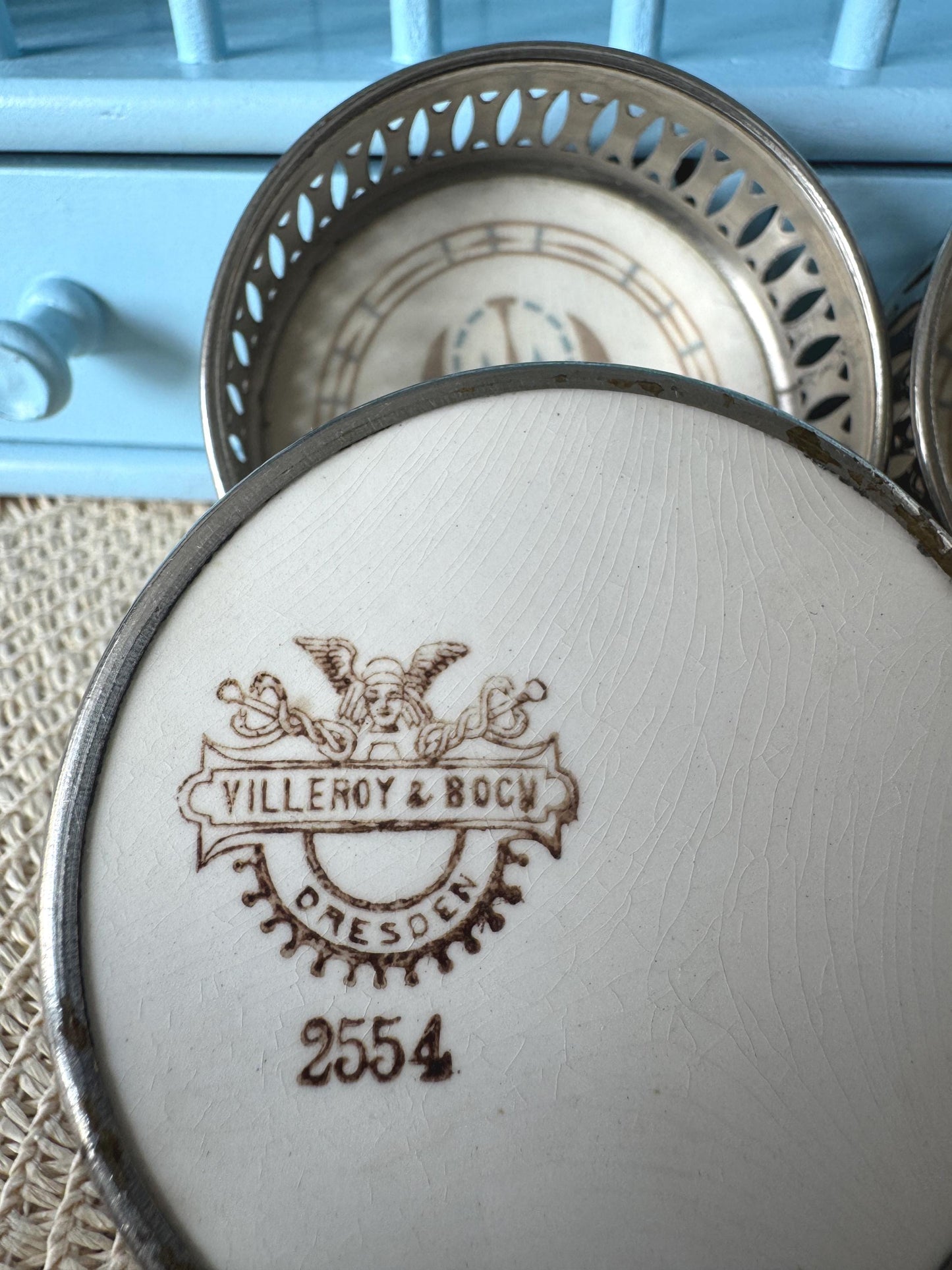Vintage Dresden 'Villeroy & Boch' Coasters, Set 6 Coasters, Previously Loved, Collectors Item, Pierced Silver Rim, Hand-painted, German Made