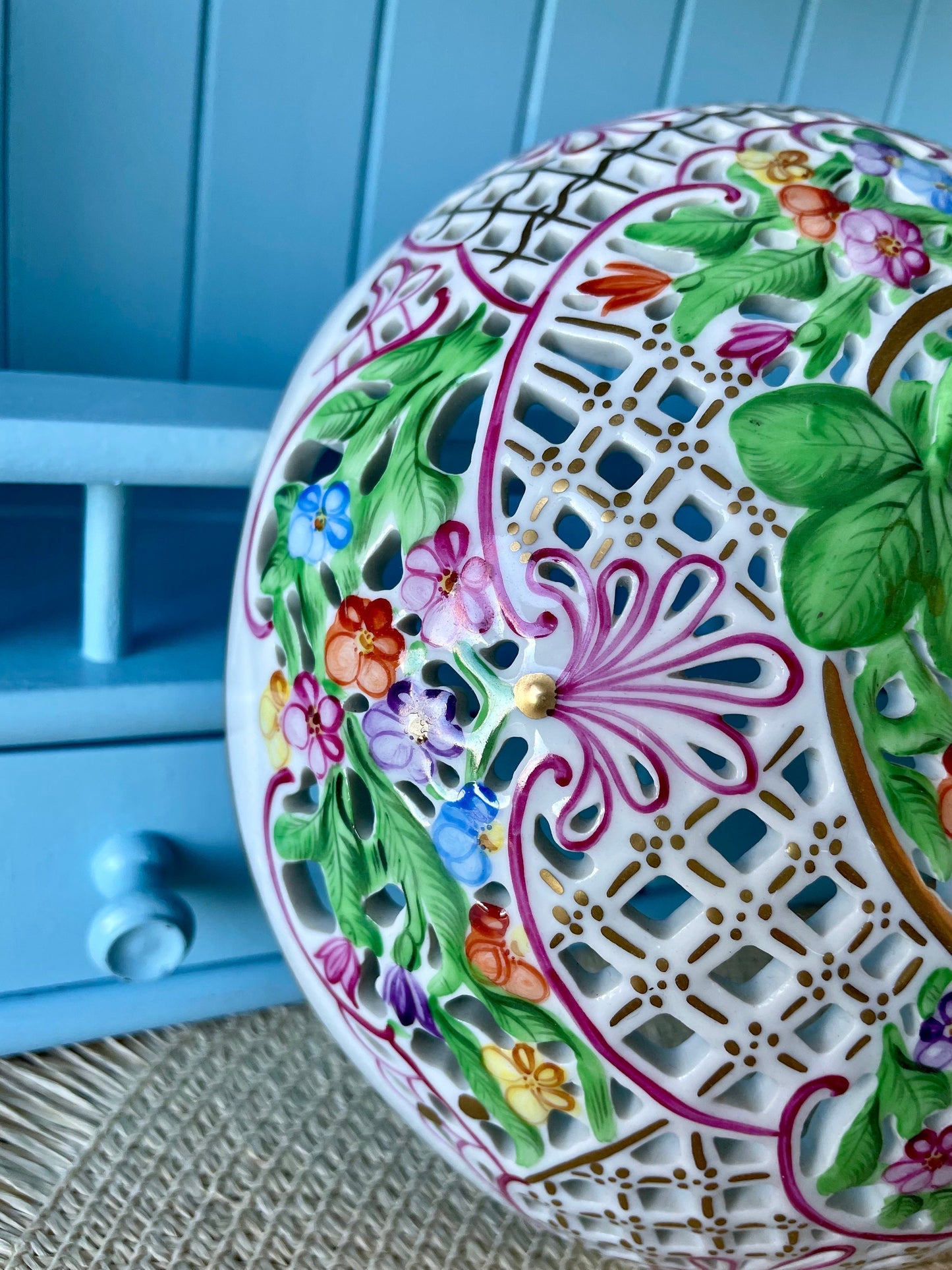 Rare Vintage Herend Porcelain Bonbonniere with FREE GIFT, Exquisite Design, Hand-Painted, Gold-Plated, Large Open Work Basket, Made Hungary