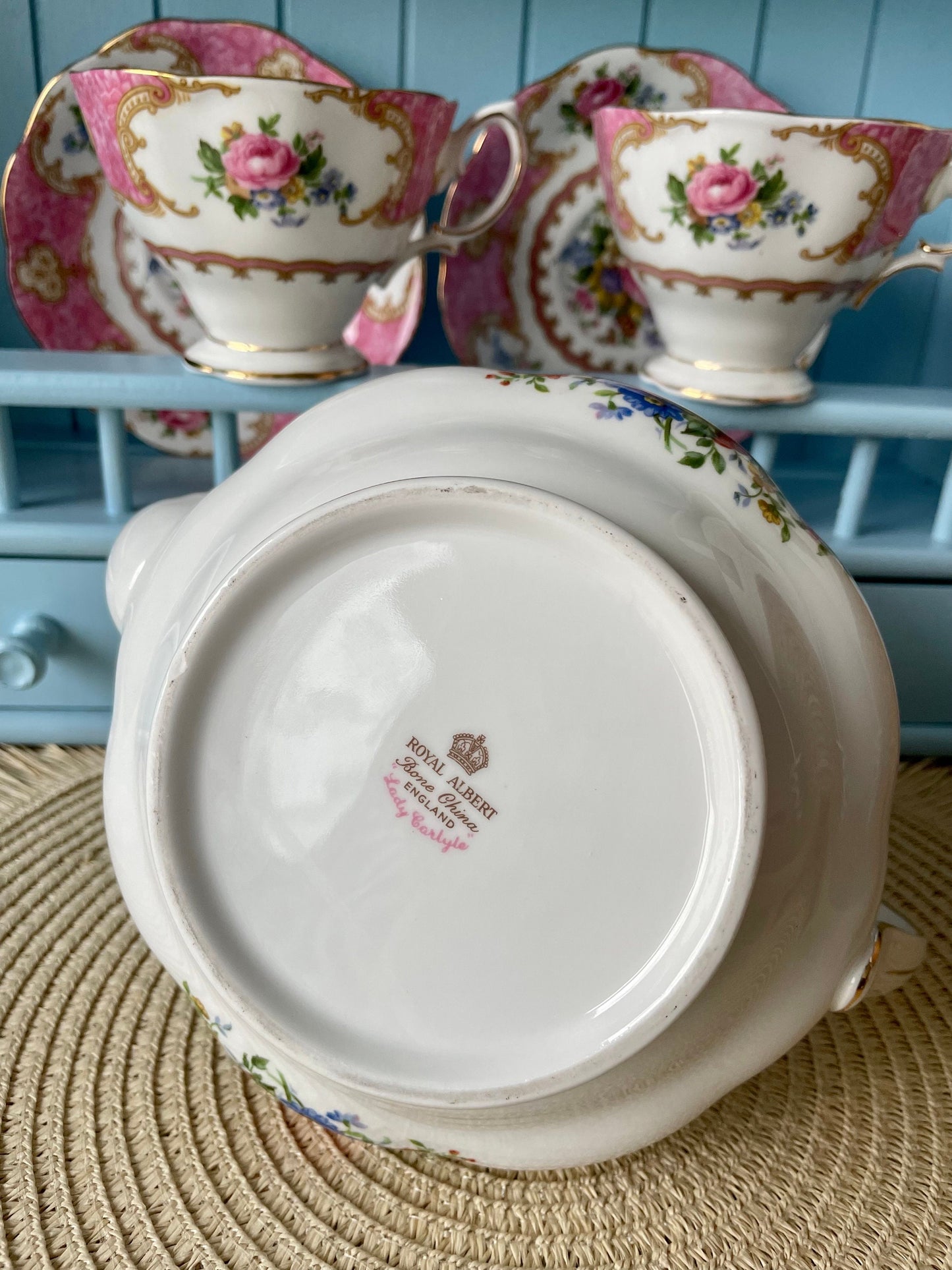 Vintage Royal Albert Tea Set - Lady Carlyle - 12 Piece Porcelain Tea Set for High Tea - Mothers Day Gift -Elegant TeaParty Set - England