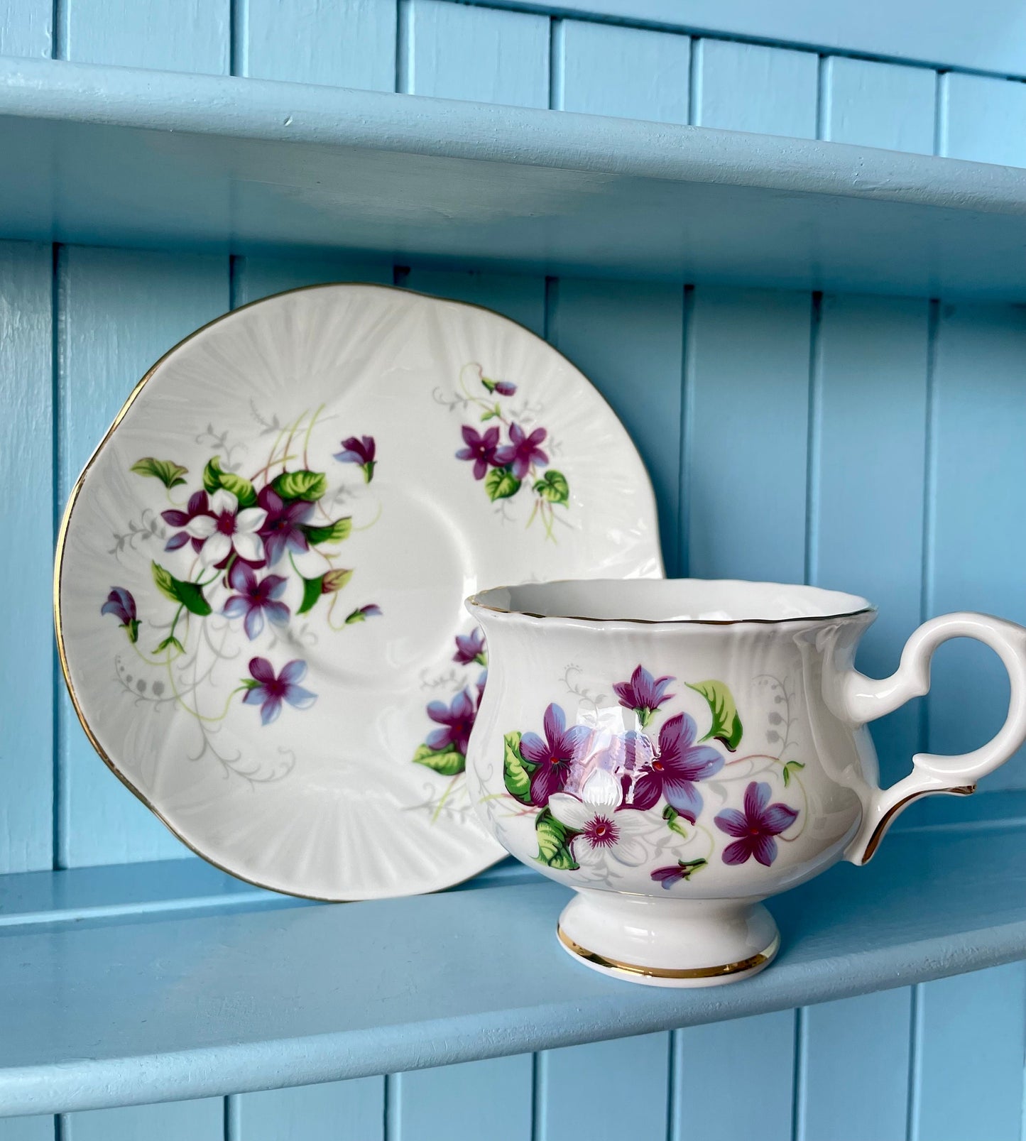 Vintage Crown Staffordshire Tea Cup and Saucer, Purple Pansies, Fine Bone China, Previously Loved Antique Tea, For High-Tea, Made in England
