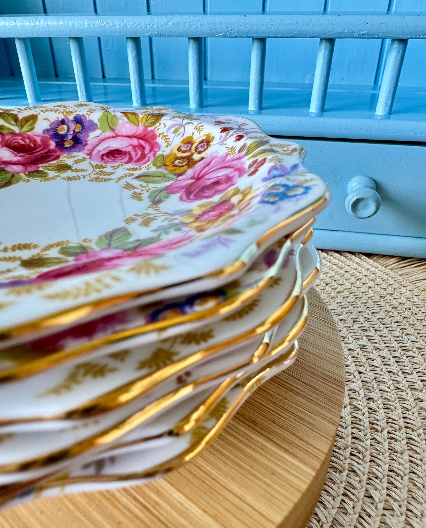 Vintage Royal Albert "Serena " Set of 6 Petit Four Dishes, Bone China, Pink Roses & Lavender Flowers Design, Previously Loved, Made England