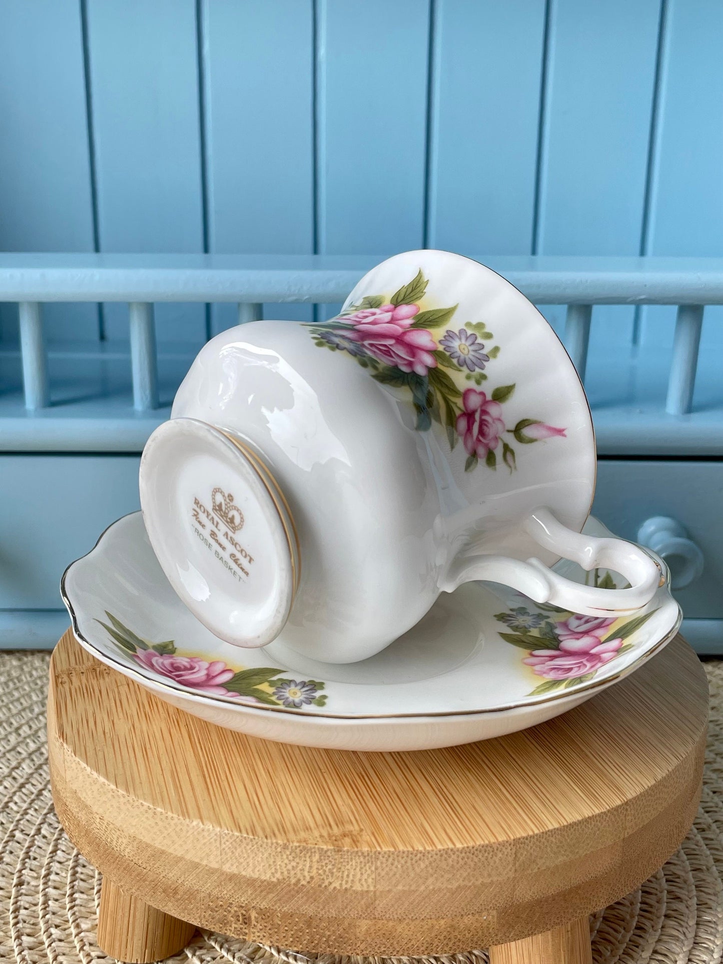 Vintage 'Royal Ascot' Rose Basket Tea Cup And Saucer, Made In England. Fine Bone China, Previously Loved Vintage Cup, Antique British TeaCup