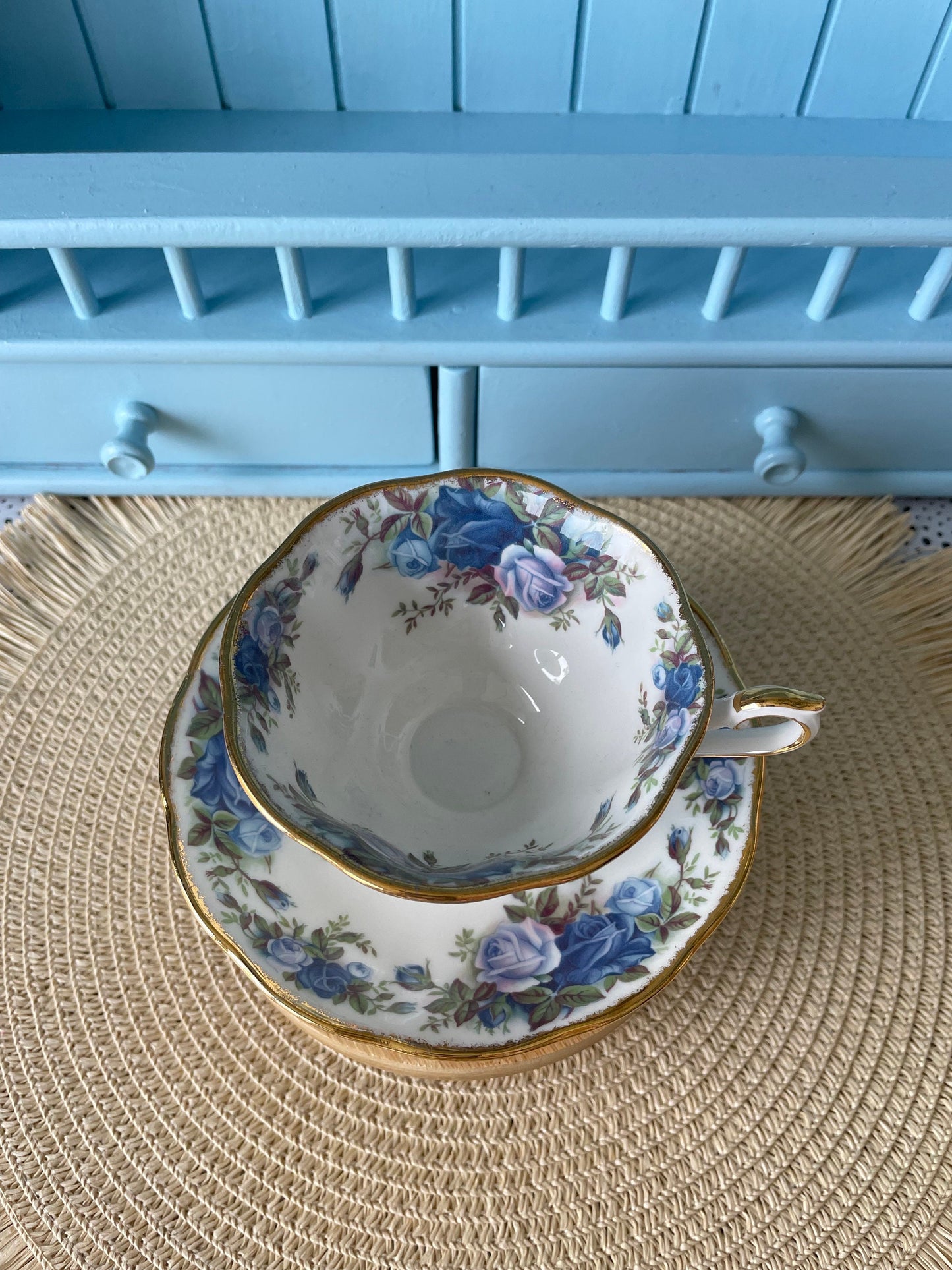 Pristine Avon Shaped Royal Albert "Moonlight Rose" Teacup & Saucer, Fine Bone China, Blue Roses Decor, Highly Sought After, Made in England