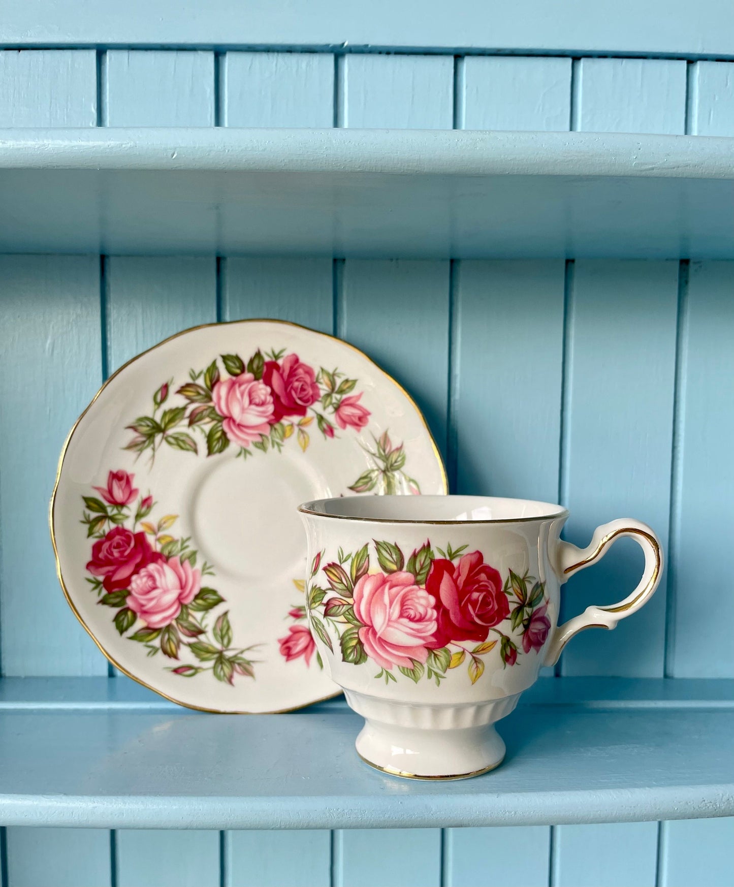 Vintage Queen Anne Cherry Blossom, Pink Floral Bone Tea Cup and Saucer, Antique English China, Previously Loved, Ribbed Cup, Made in England