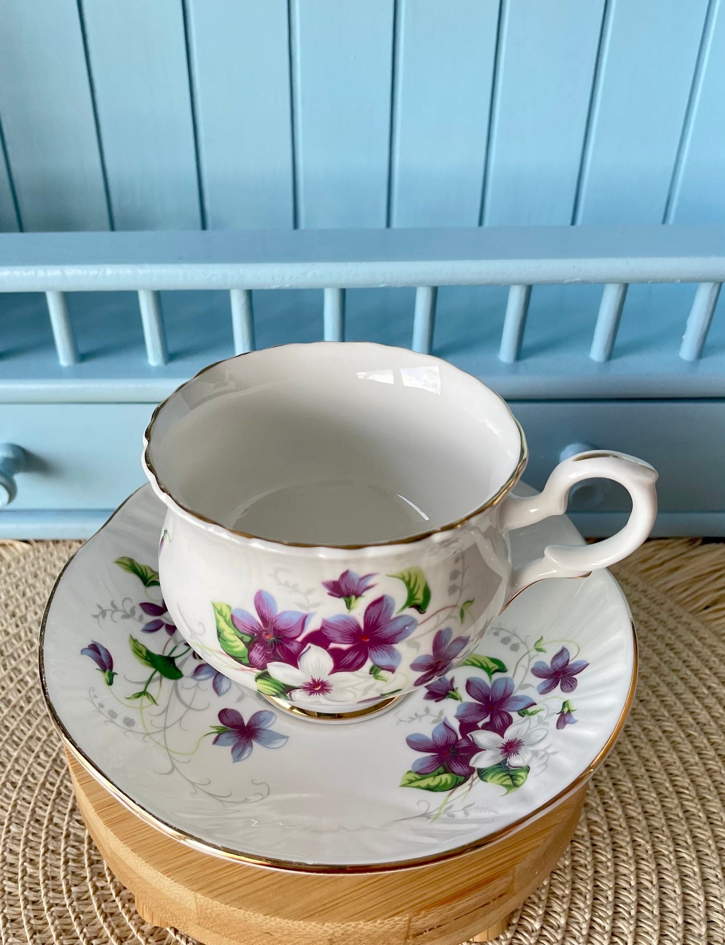 Vintage Crown Staffordshire Tea Cup and Saucer, Purple Pansies, Fine Bone China, Previously Loved Antique Tea, For High-Tea, Made in England