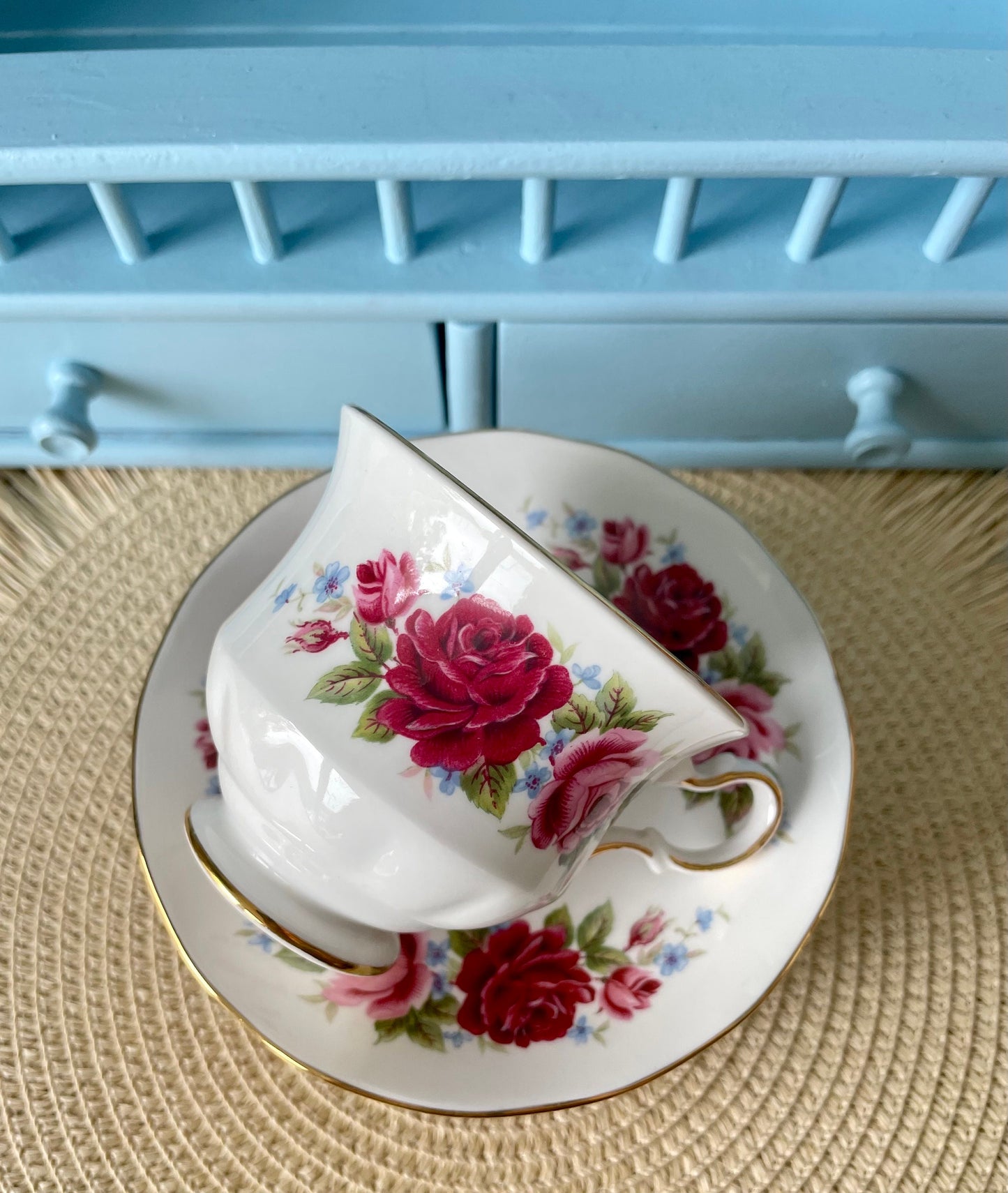 Elegant Vintage Queen Anne Tea Cup and Saucer - Red and Pink Floral Design, Antique English China, Cherished Collectible, 4 High-Tea Parties