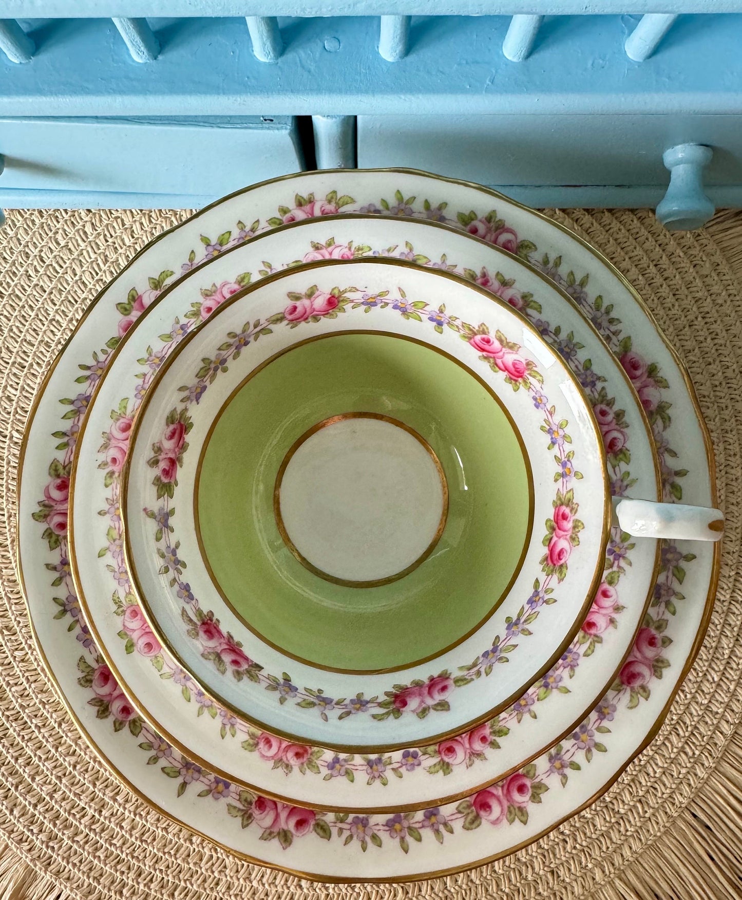 Rare Vintage Aynsley Trio, Teacup, Saucer & Cake Plate Set ,Very Good Condition, Green Roses Design, Early 20th Century, Bone China England