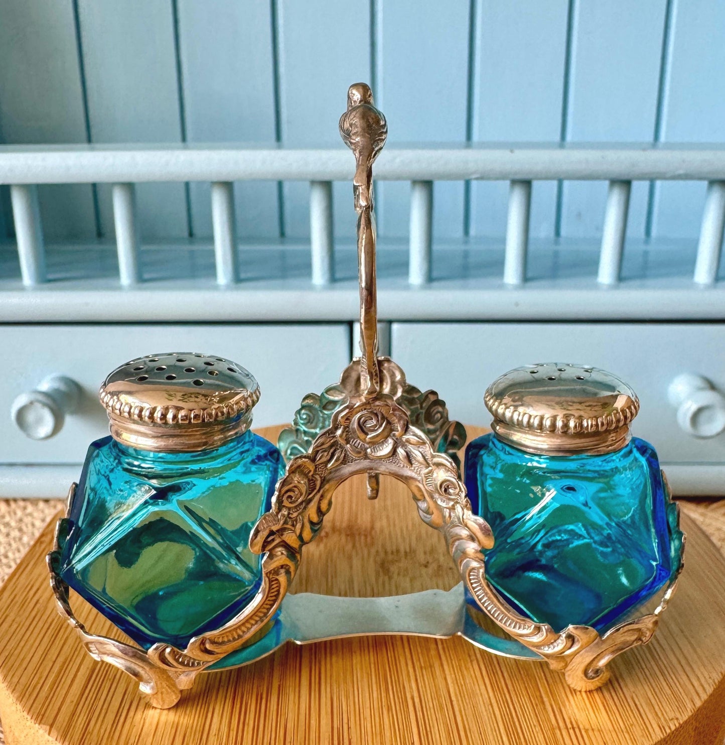 Very Rare Antique 1861 Silver Turquoise Glass Salt & Pepper Cellars, Lovebirds Wedding Gift, English 835 Silver Cruet Set, Beautiful Gift