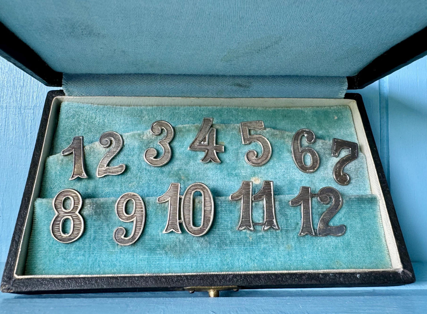 Antique Alpacca Silver Wine Glass Numbers, Wine Glass, Table Markers, English Dinner Party, 12 Alpacca Silver Numbers, Early 1900 Tableware