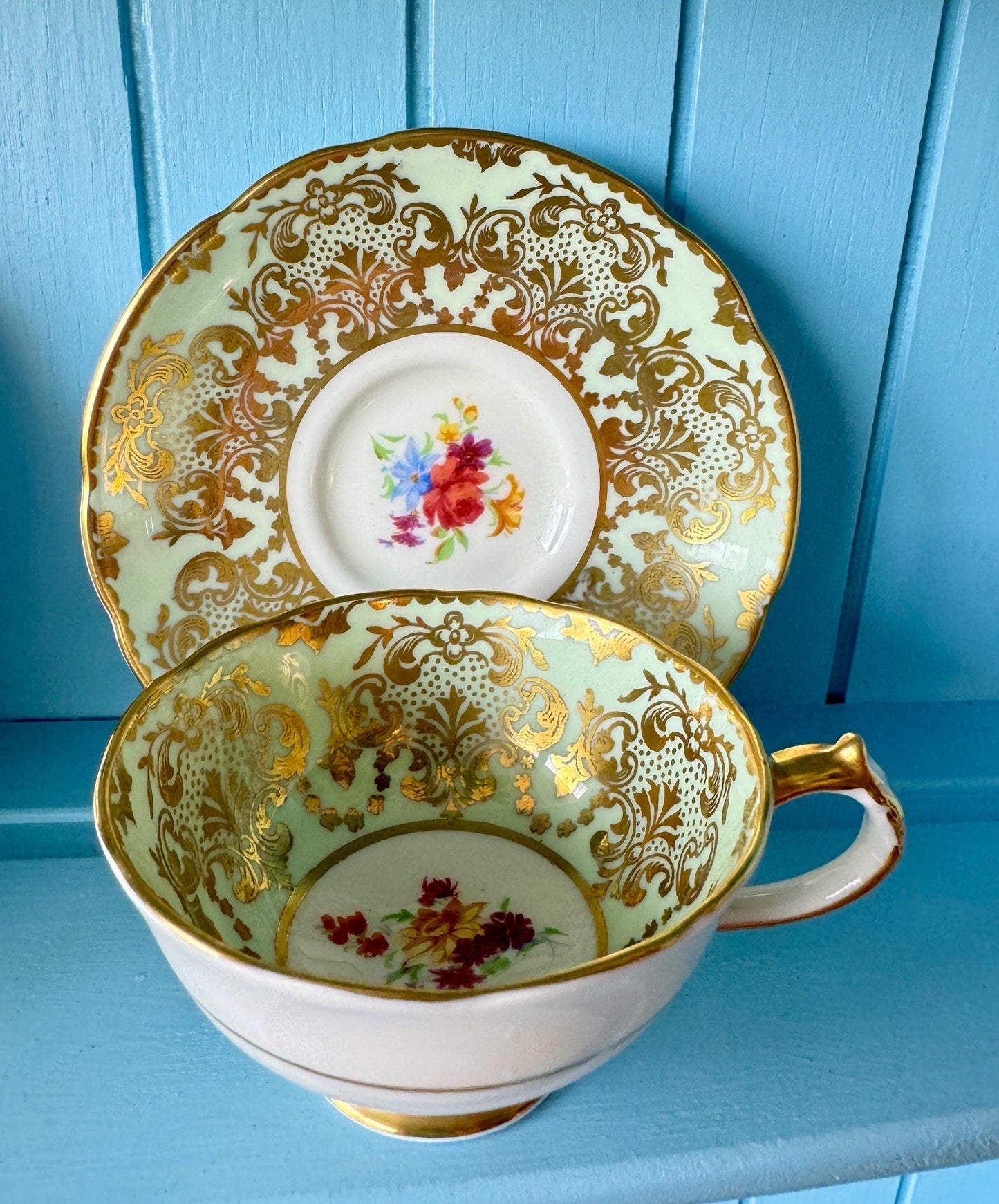 2 Rare Vintage 1940s Paragon Pastel Green Espresso Cup Saucer, Bone China, Floral Design, by Appointment HM Queen Elizabeth, Double Warrant!